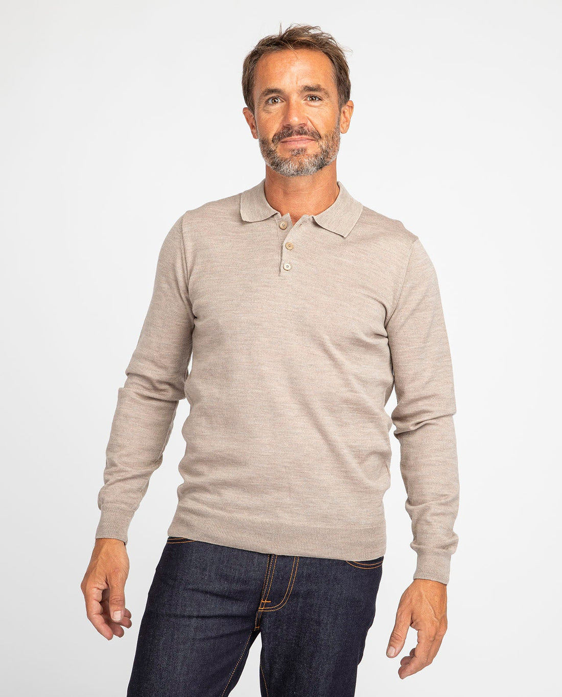marché commun noyoco polo homme manches longues laine mérinos extra fine éco-responsable naturel beige