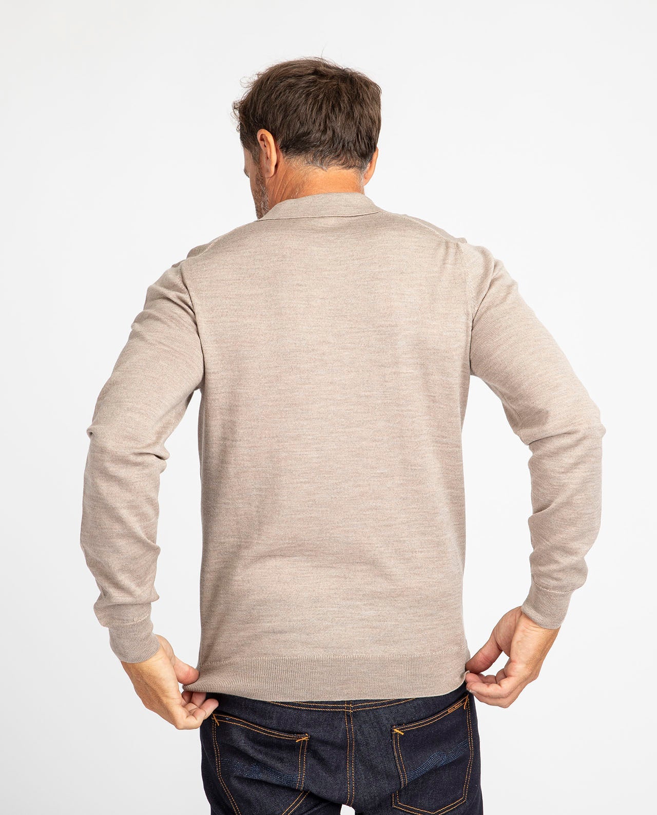 marché commun noyoco polo homme manches longues laine mérinos extra fine éco-responsable naturel beige
