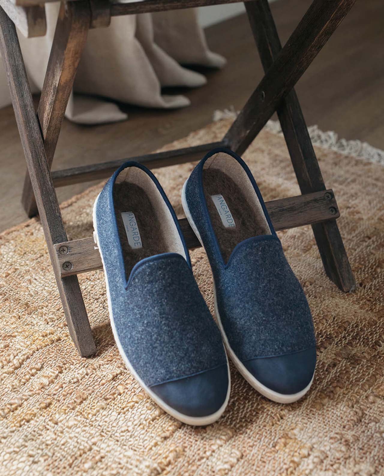 marché commun angarde chaussons homme slippers laine recyclée fabriqués en europe bleu marine