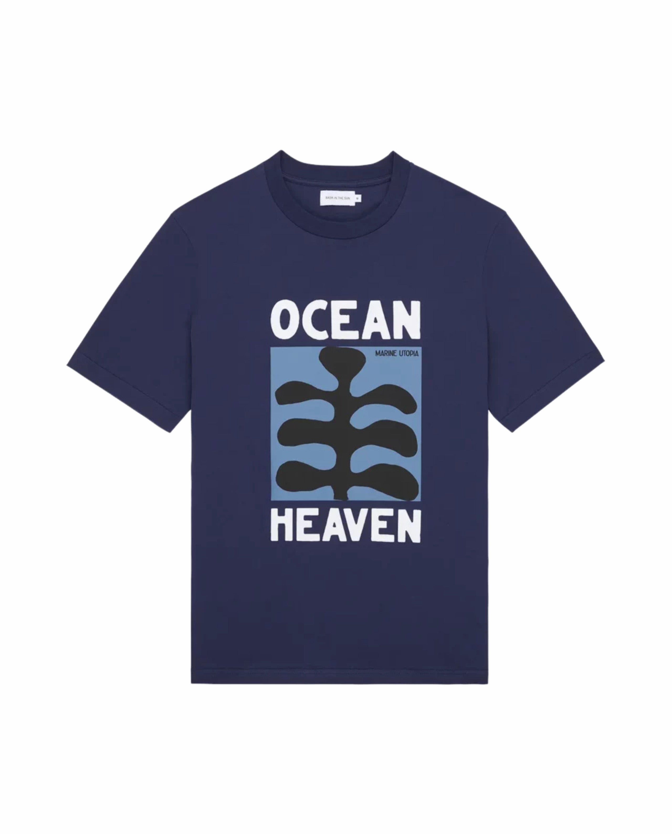 marché commun tshirt en coton bio imprimé bleu marine algue bask in the sun