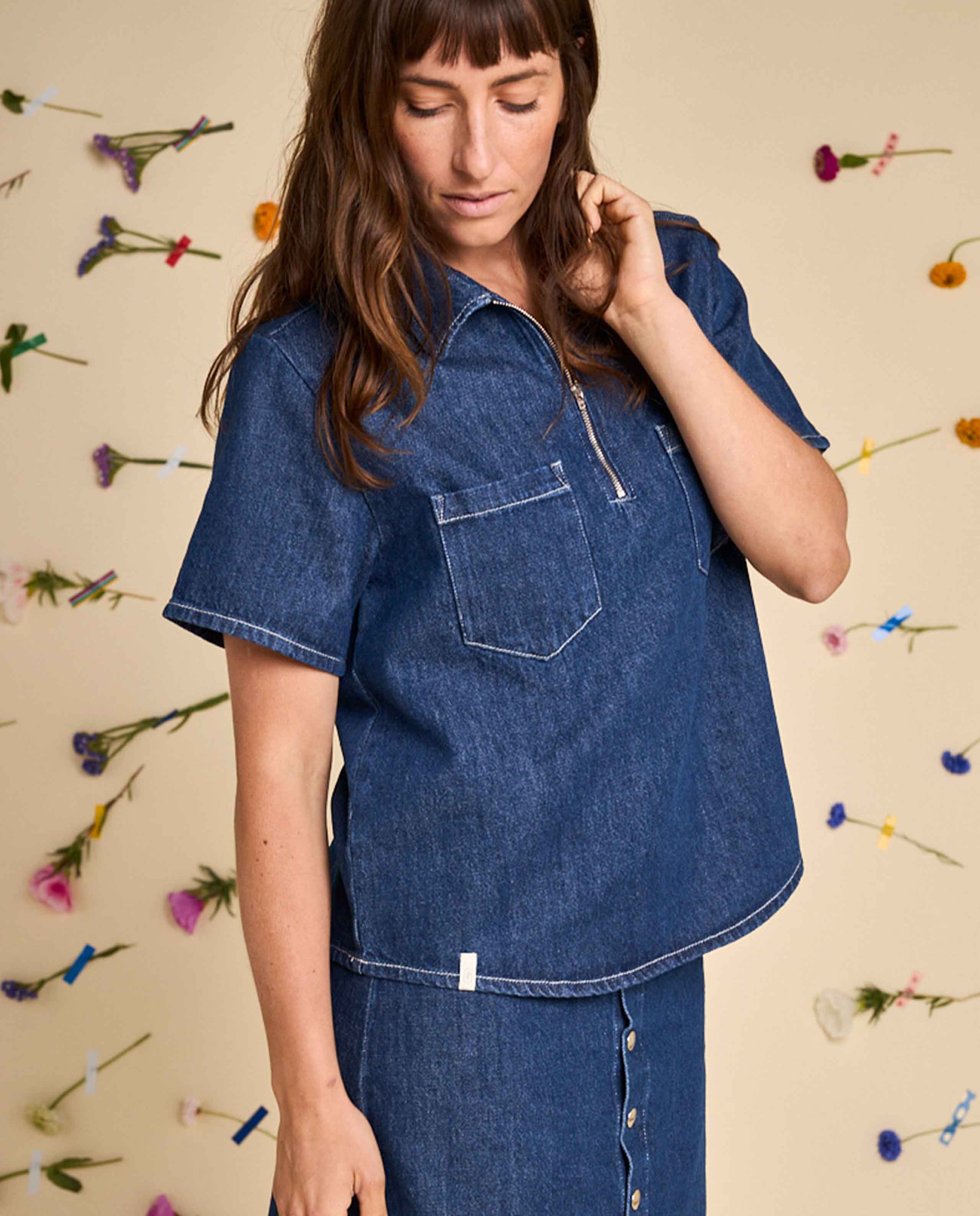 marché commun polo zippé femme en coton bio denim graine clothing