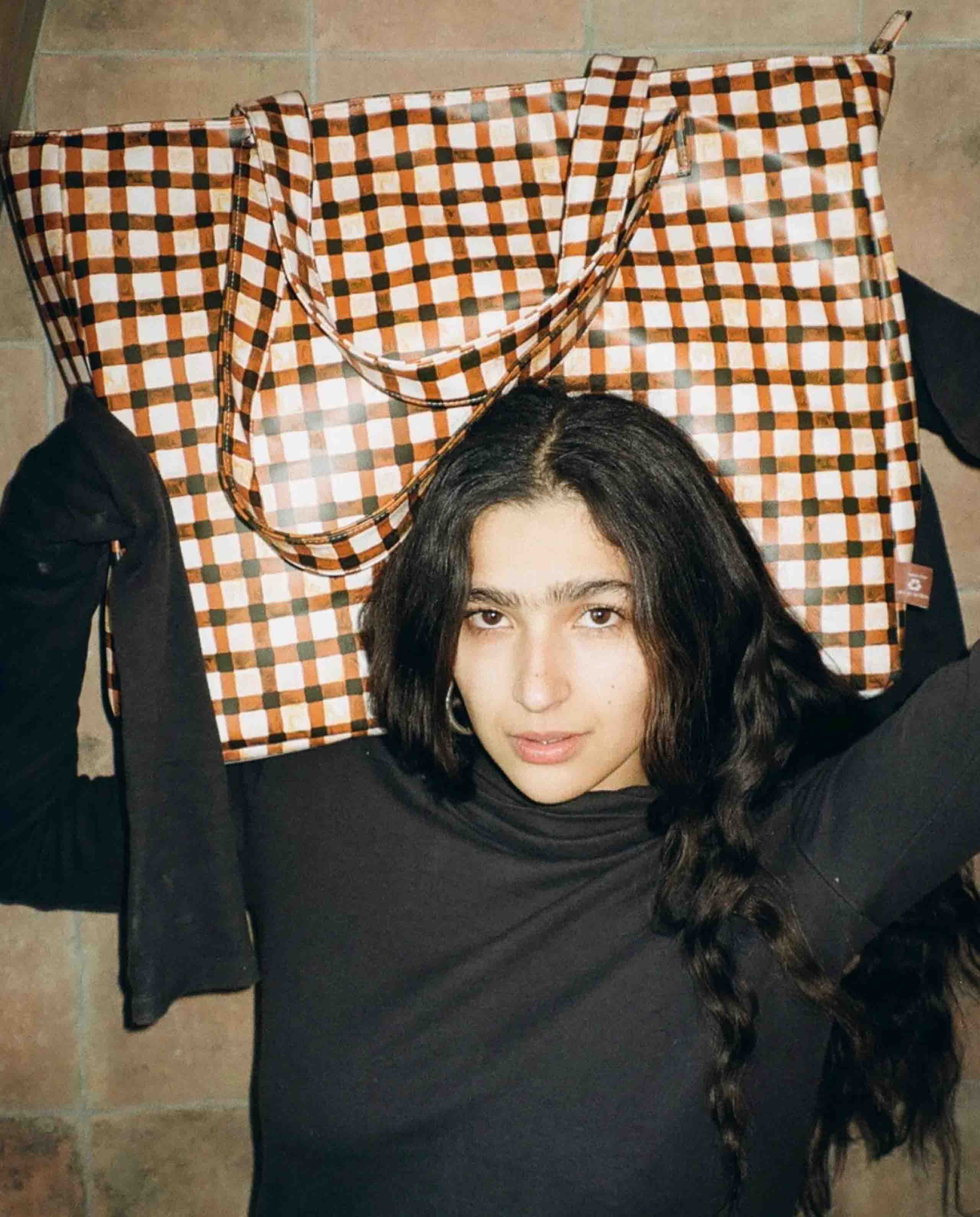 Marché Commun Grand sac cabas à carreaux marron imperméable et recyclé Kabas