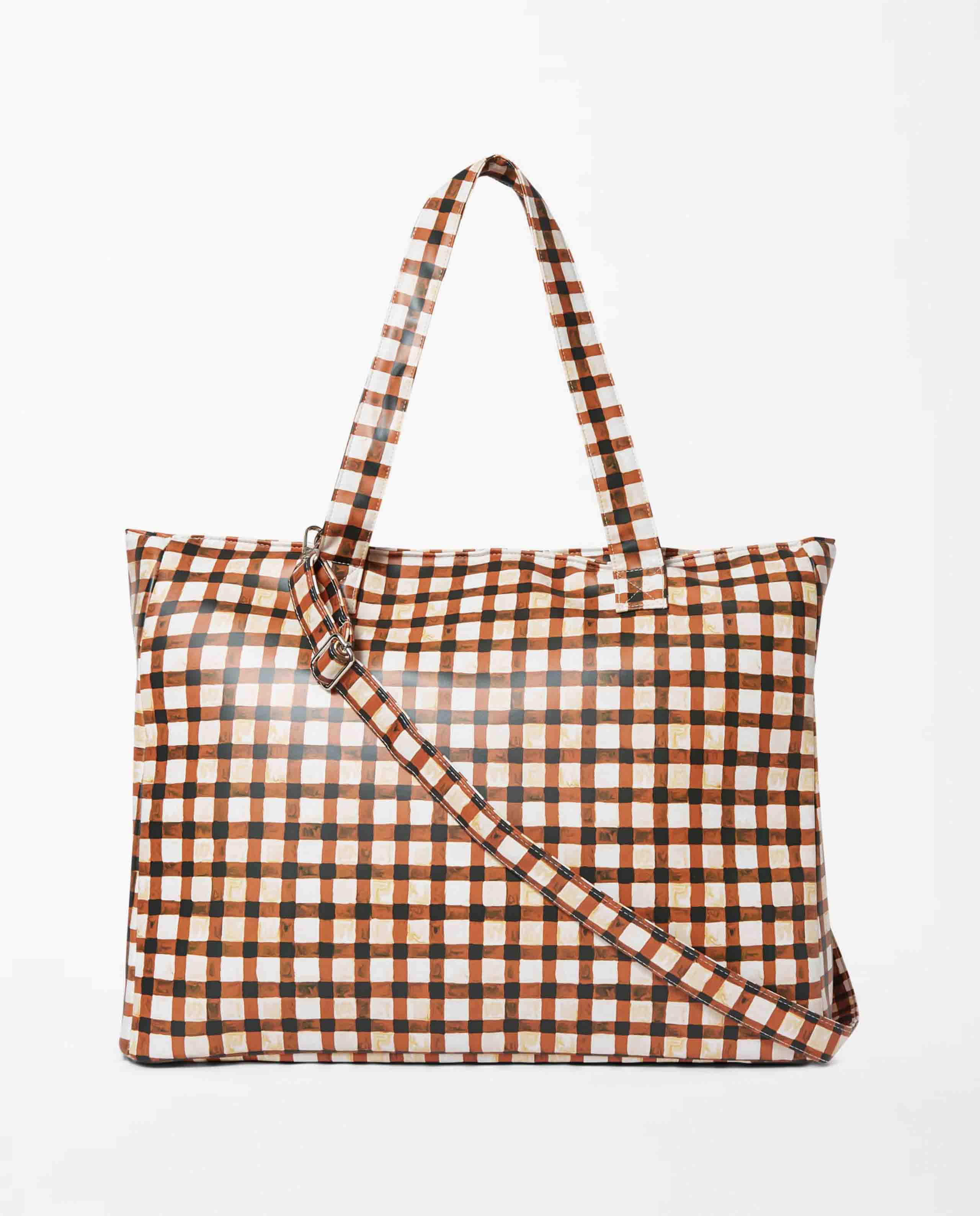 Marché Commun Grand sac cabas à carreaux marron imperméable et recyclé Kabas