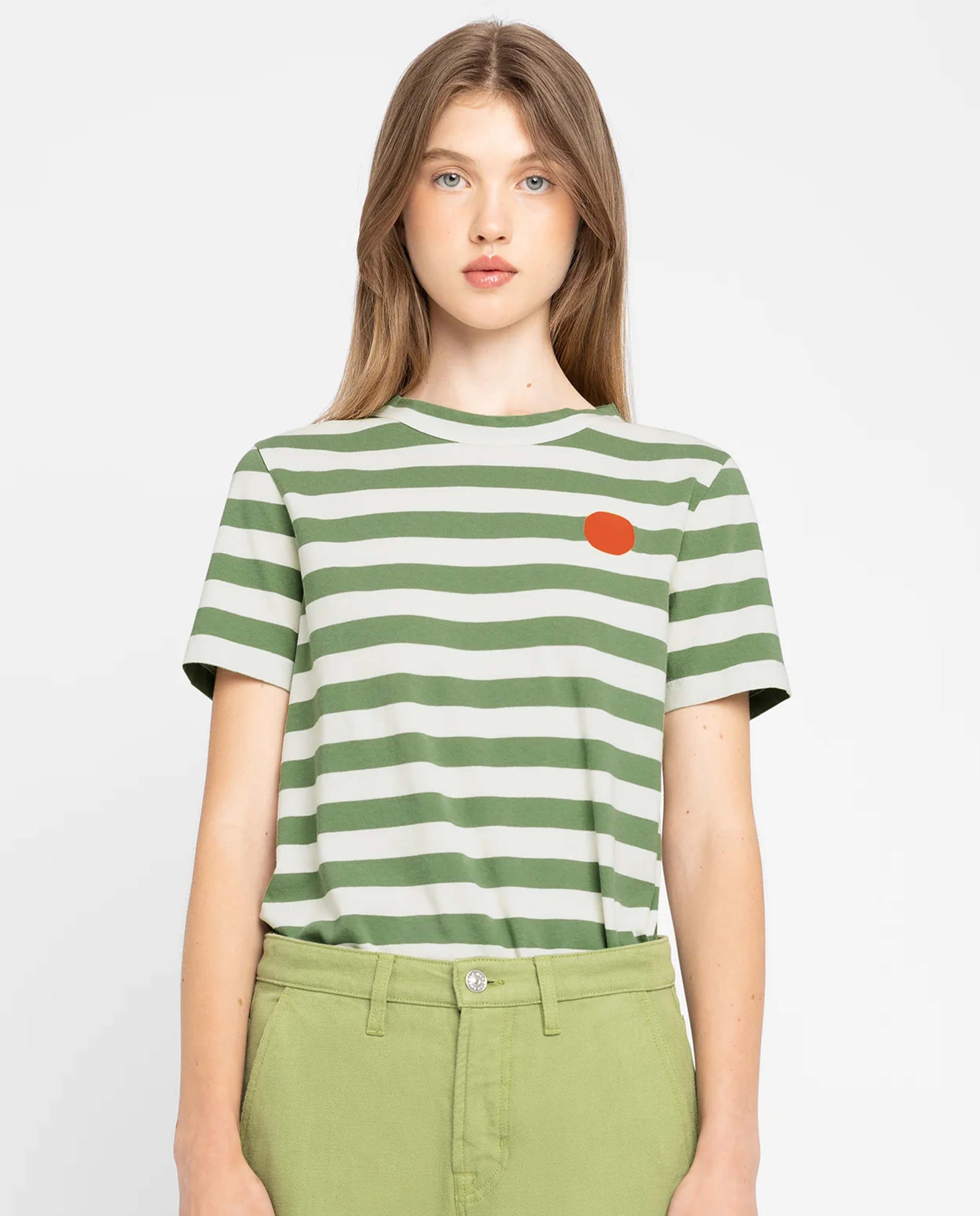 Marché Commun t-shirt en coton bio rayé blanc et vert Lorea Mendian