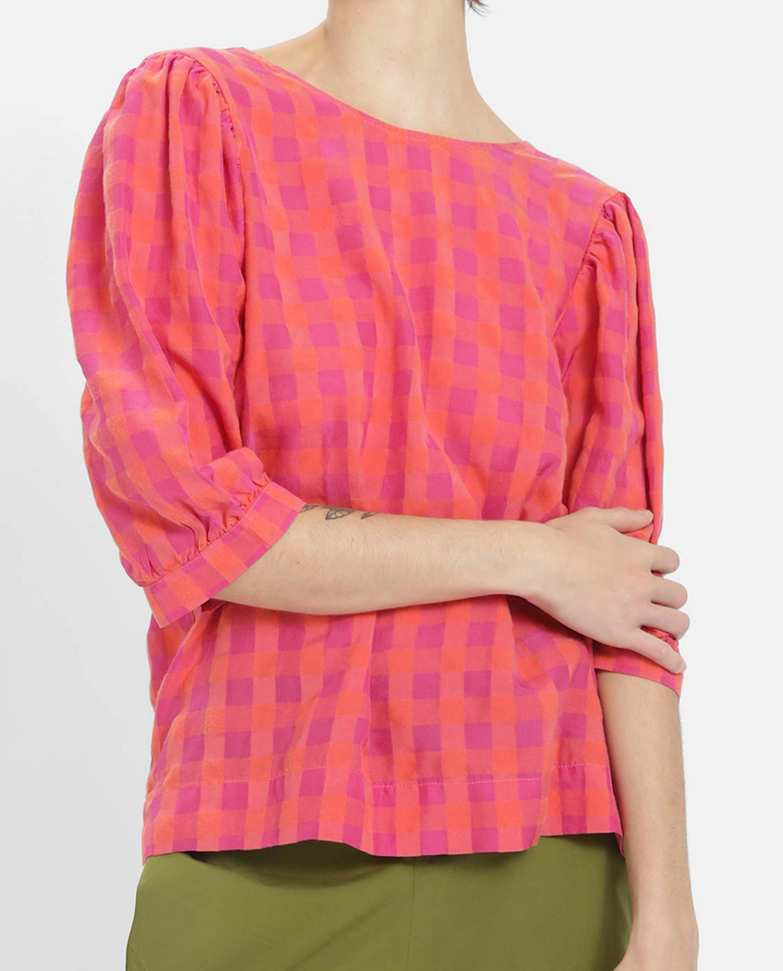 MARCHÉ COMMUN Blouse à carreaux rose flashy et orange en tencel Loreak Mendian