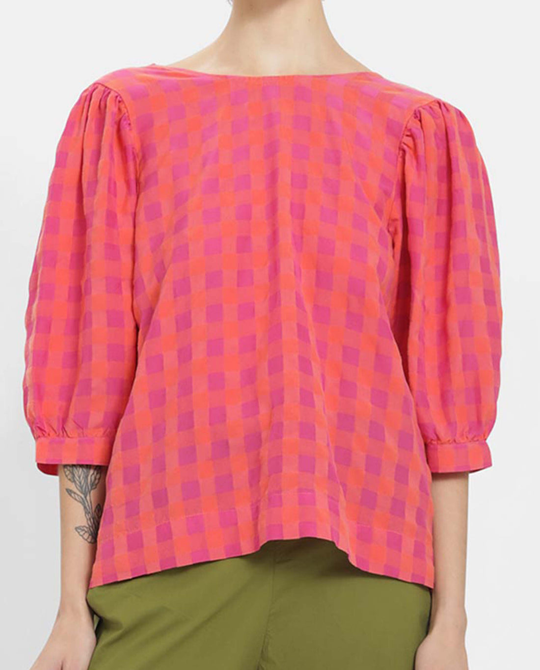 MARCHÉ COMMUN Blouse à carreaux rose flashy et orange en tencel Loreak Mendian