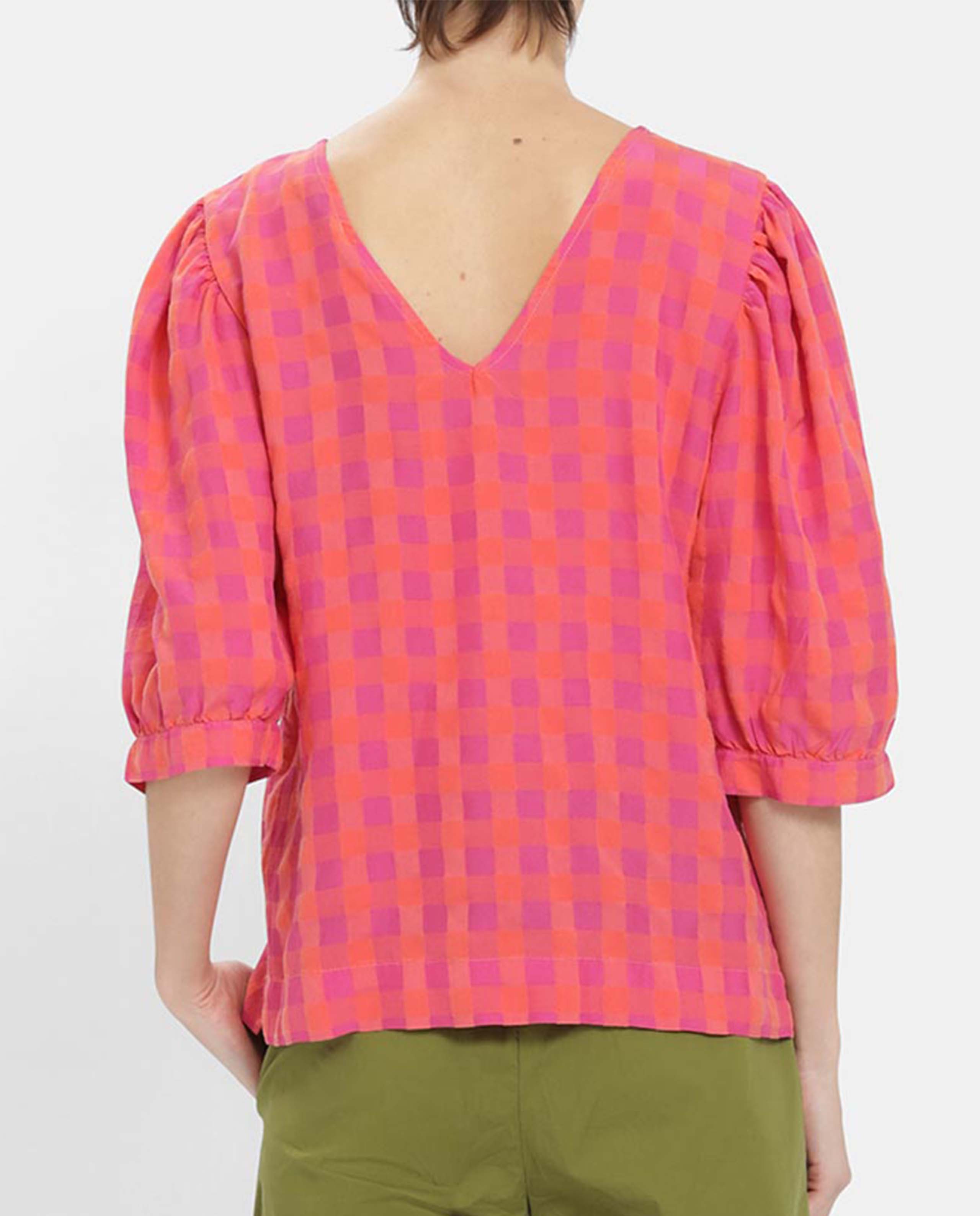 MARCHÉ COMMUN Blouse à carreaux rose flashy et orange en tencel Loreak Mendian