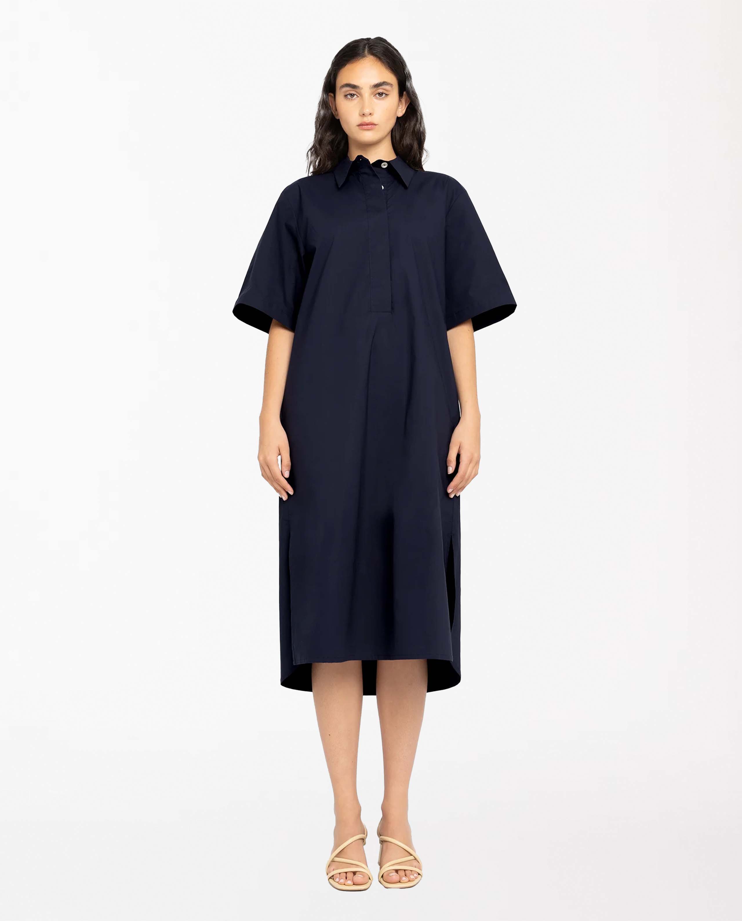 Marché Commun robe chemise midi en coton bio bleu navy Loreak mendian