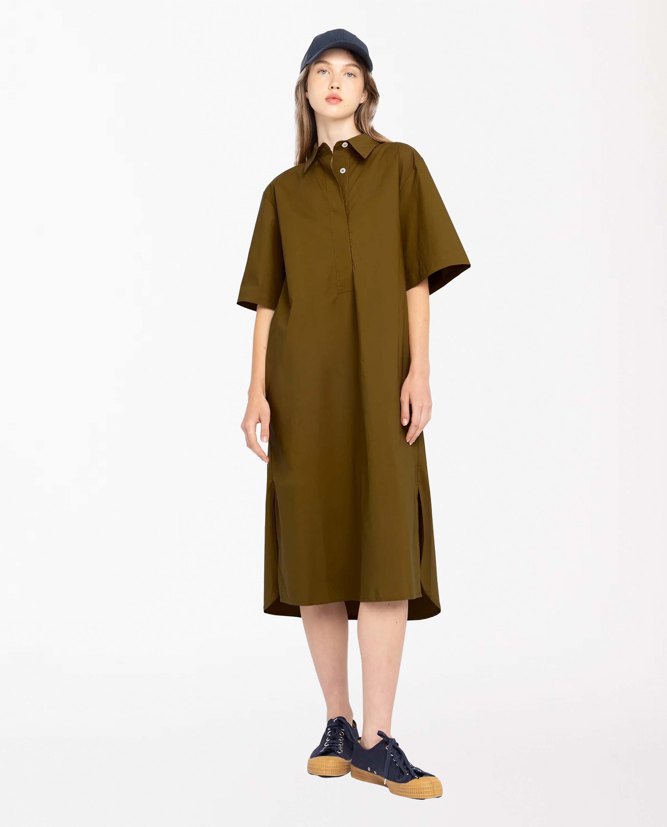 Marché Commun Robe chemise midi en coton bio toffee Loreak Mendian