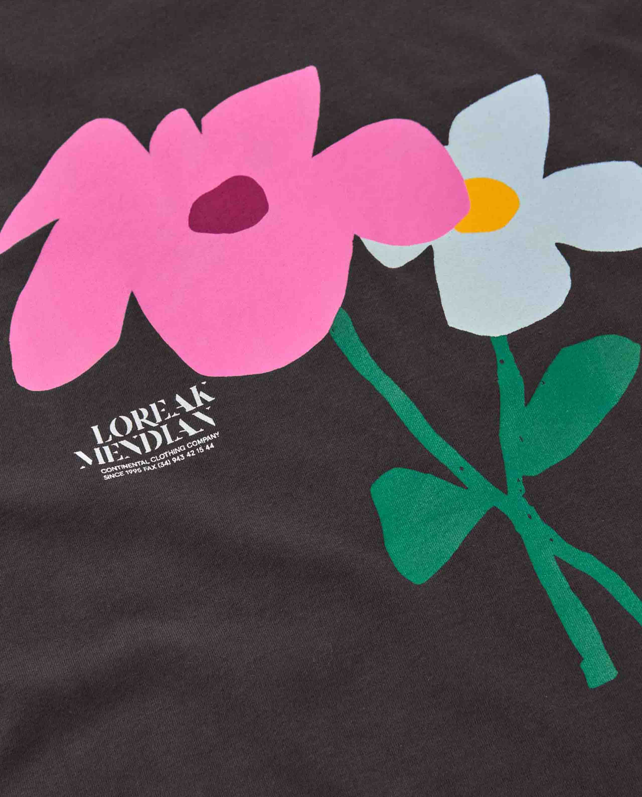Marché Commun T-shirt en coton bio dark chocolate imprimé fleurs Loreak Mendian