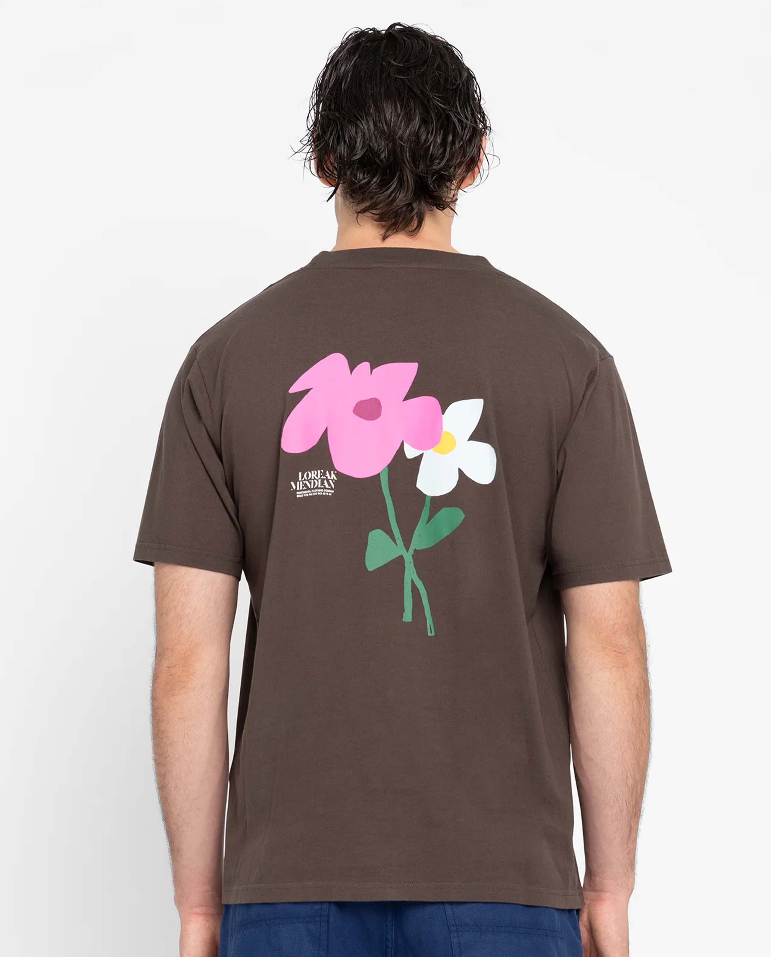 Marché Commun T-shirt en coton bio dark chocolate imprimé fleurs Loreak Mendian