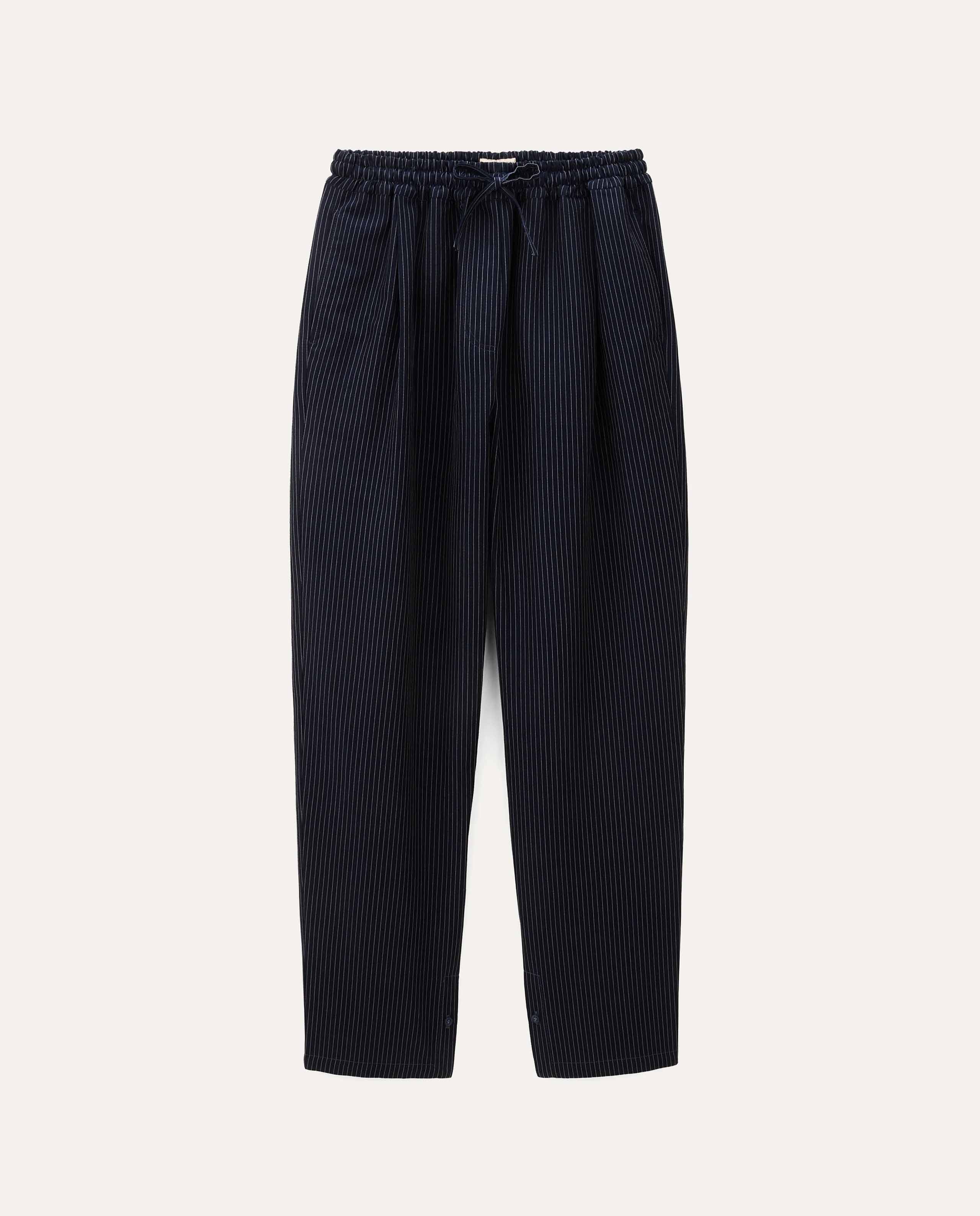 marché commun pantalon rayé en coton bio et lin bleu marine noyoco