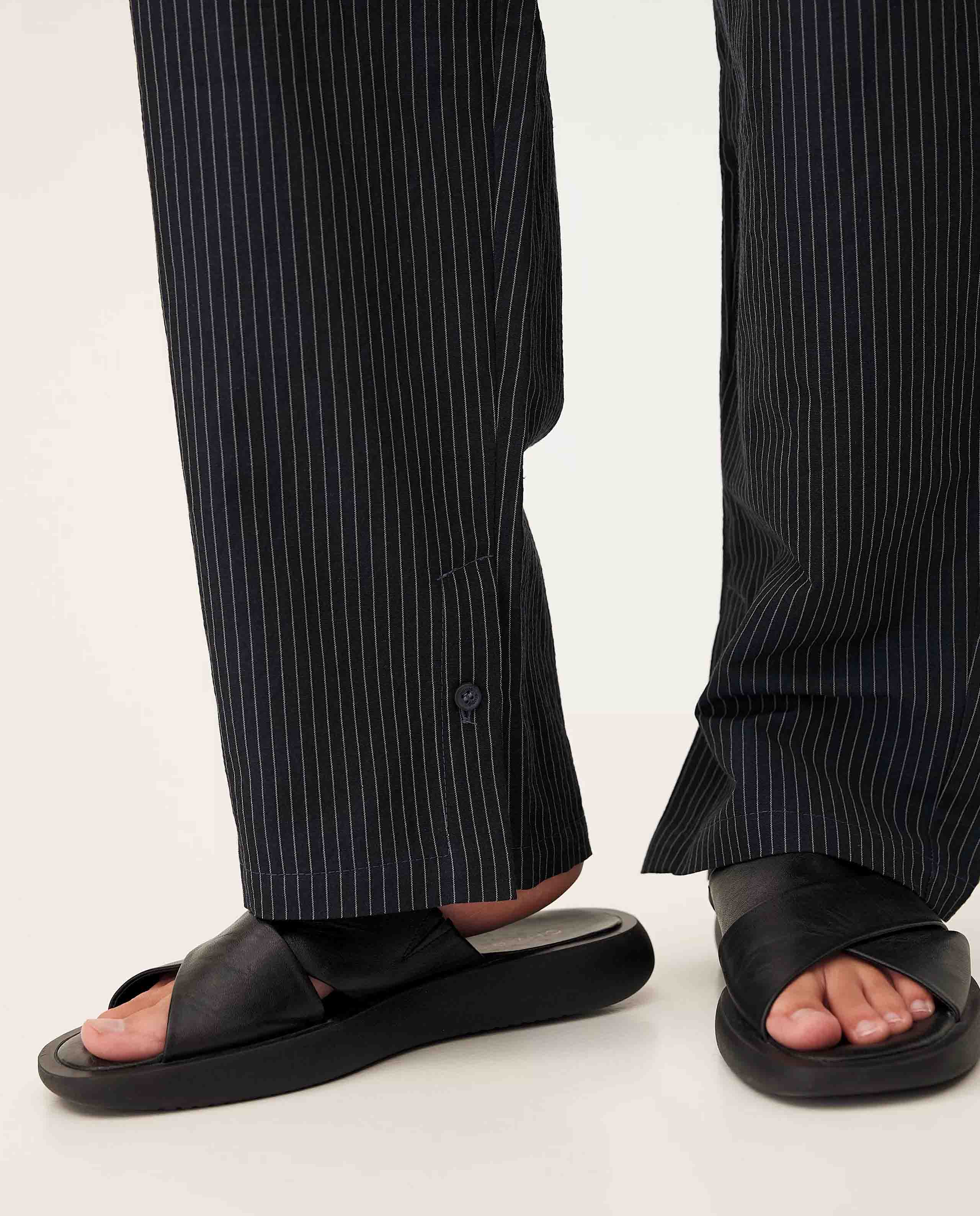 marché commun pantalon rayé en coton bio et lin bleu marine noyoco