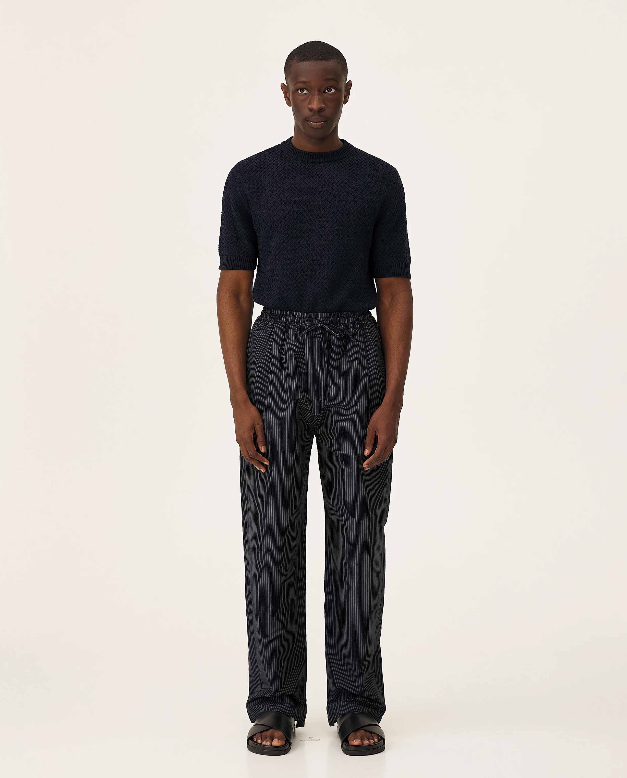 marché commun pantalon rayé en coton bio et lin bleu marine noyoco