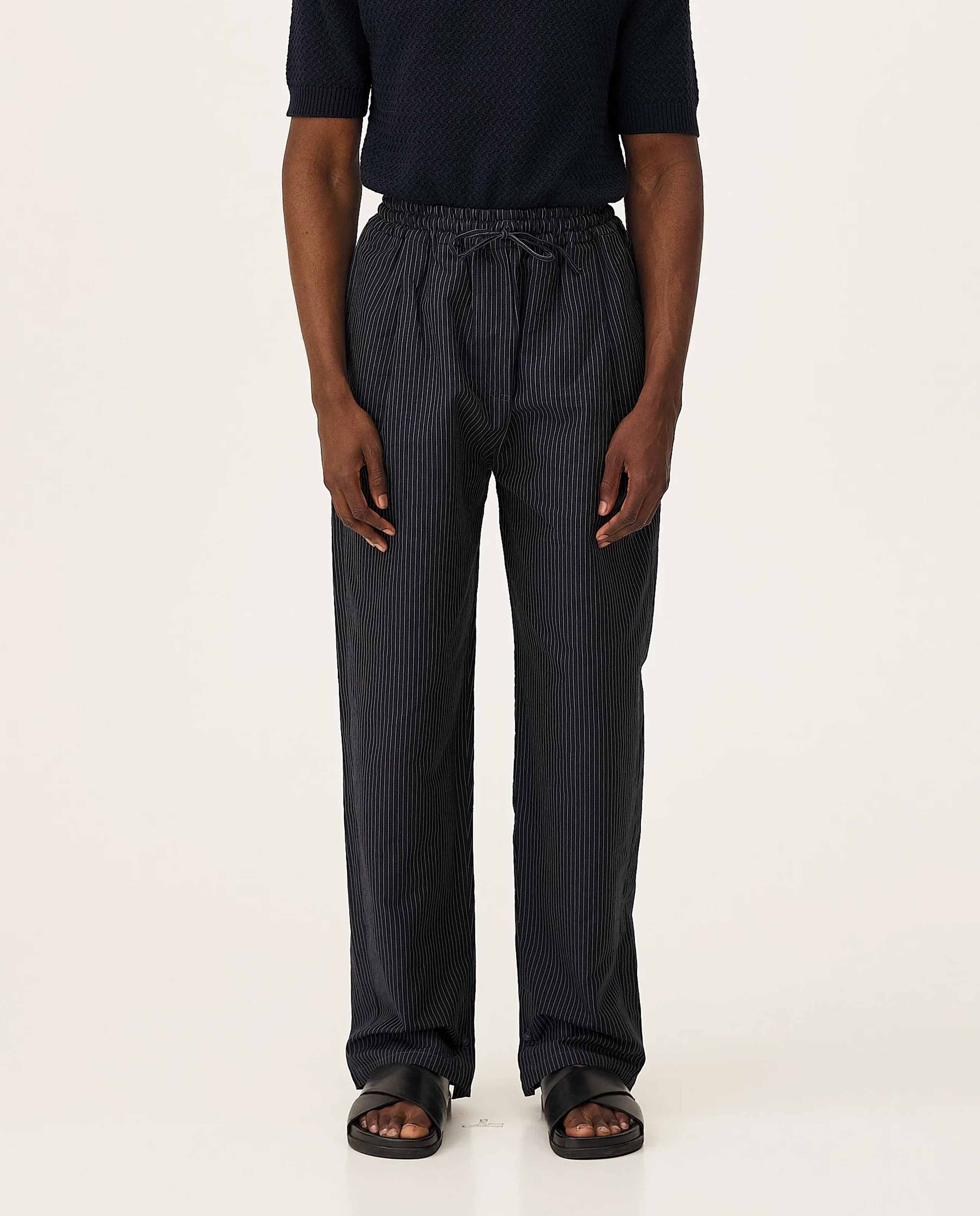 marché commun pantalon rayé en coton bio et lin bleu marine noyoco