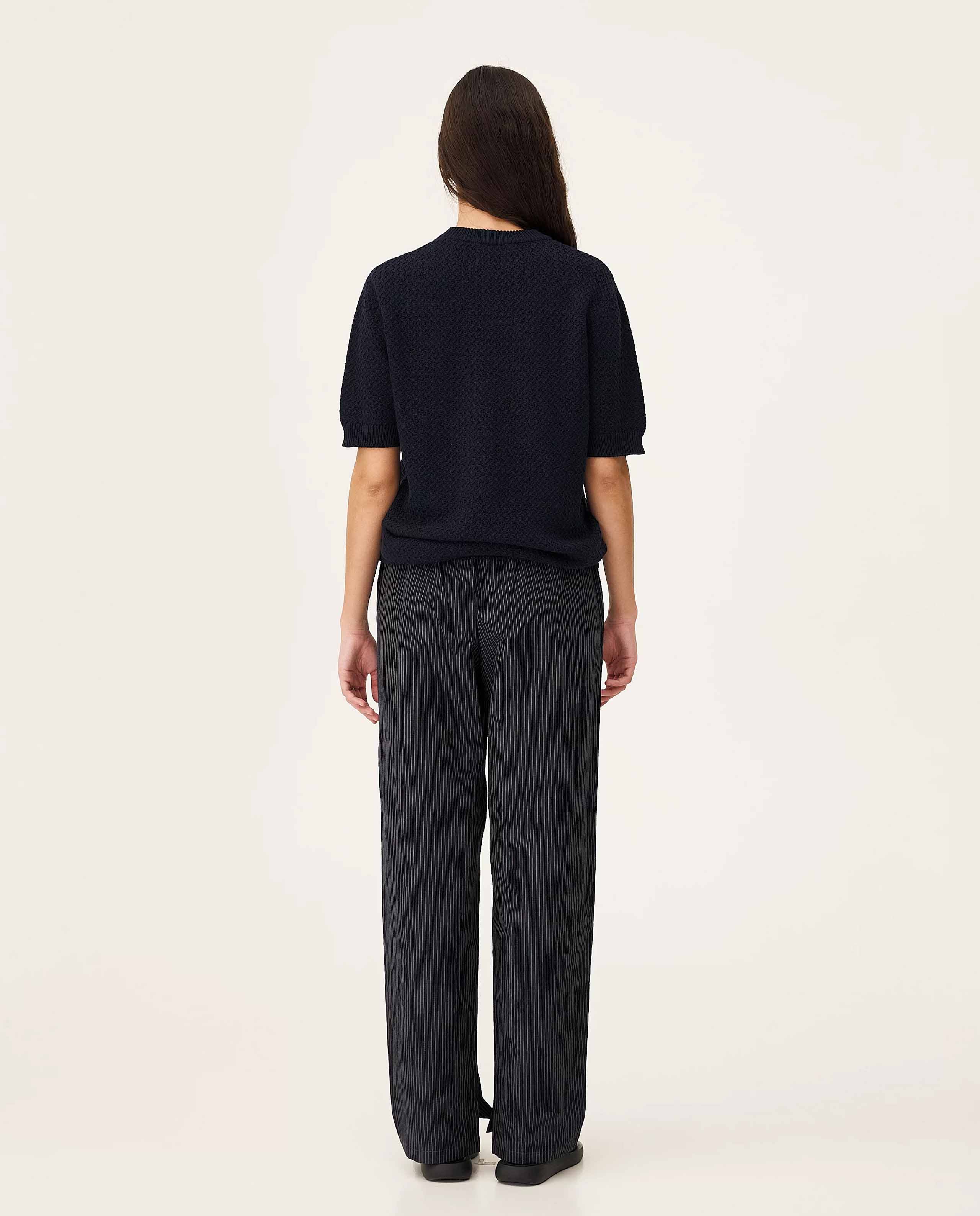 marché commun pantalon rayé en coton bio et lin bleu marine noyoco