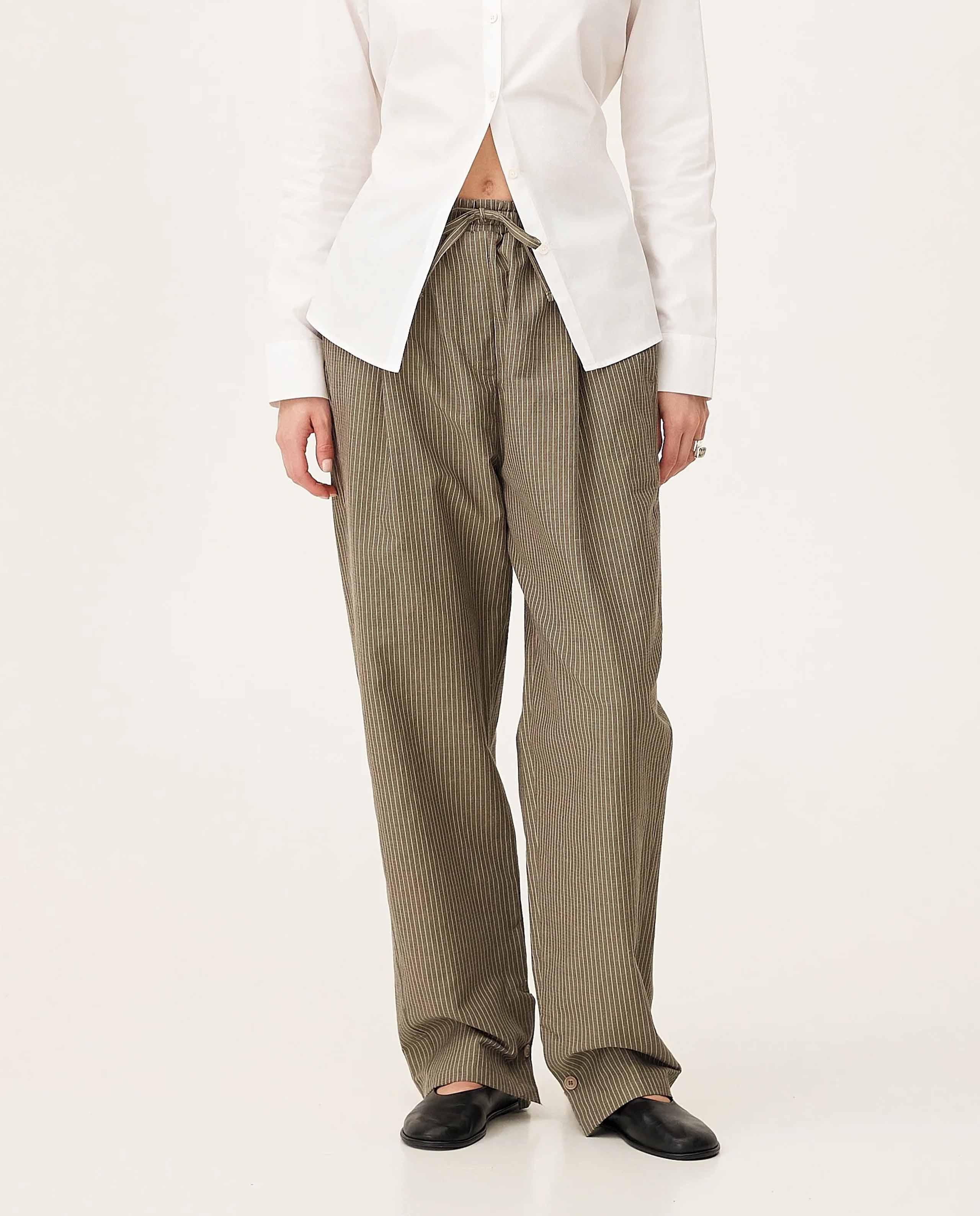 marché commun pantalon rayé en coton bio taupe noyoco