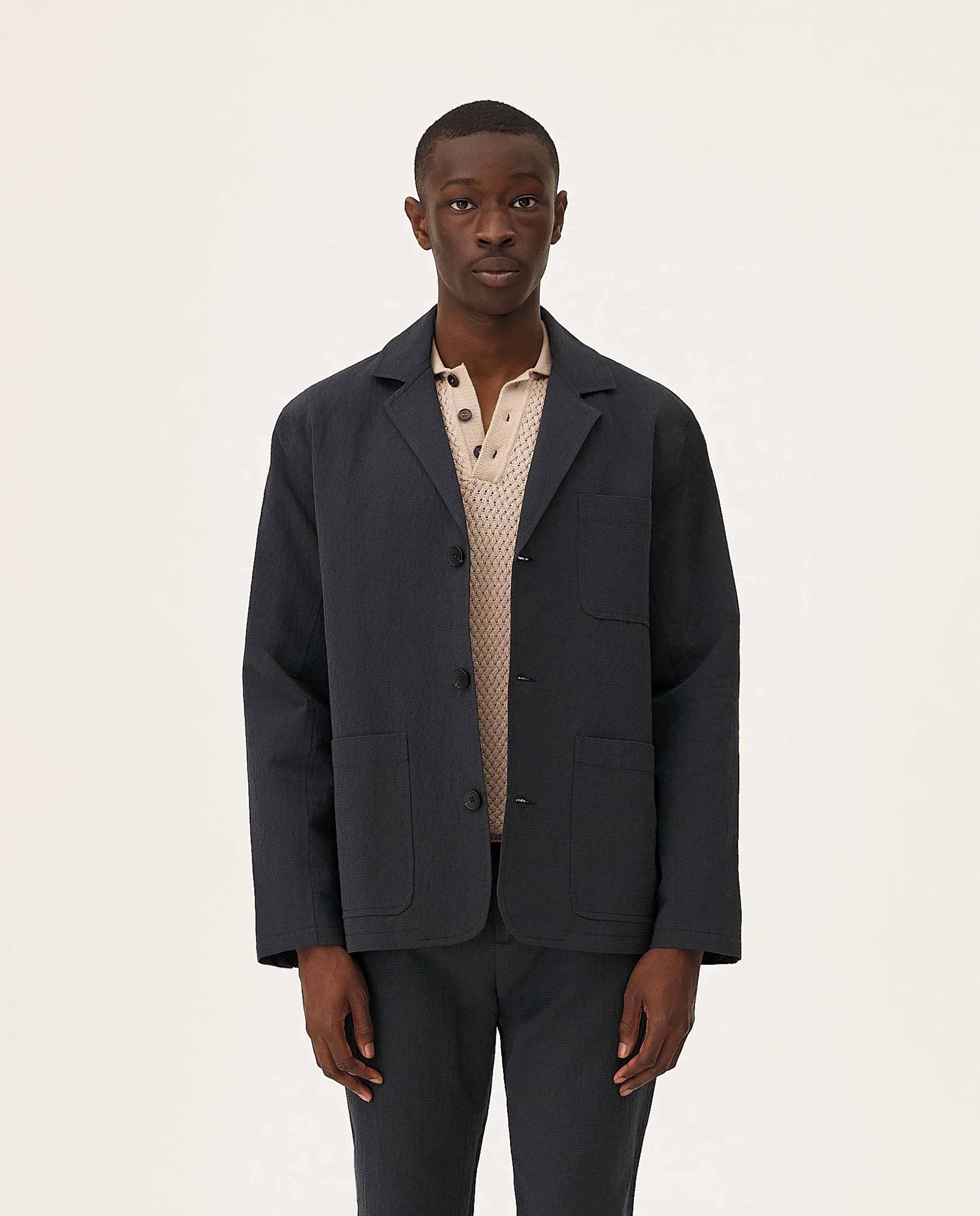 marché commun blazer décontracté en coton bio et lin bleu marine noyoco