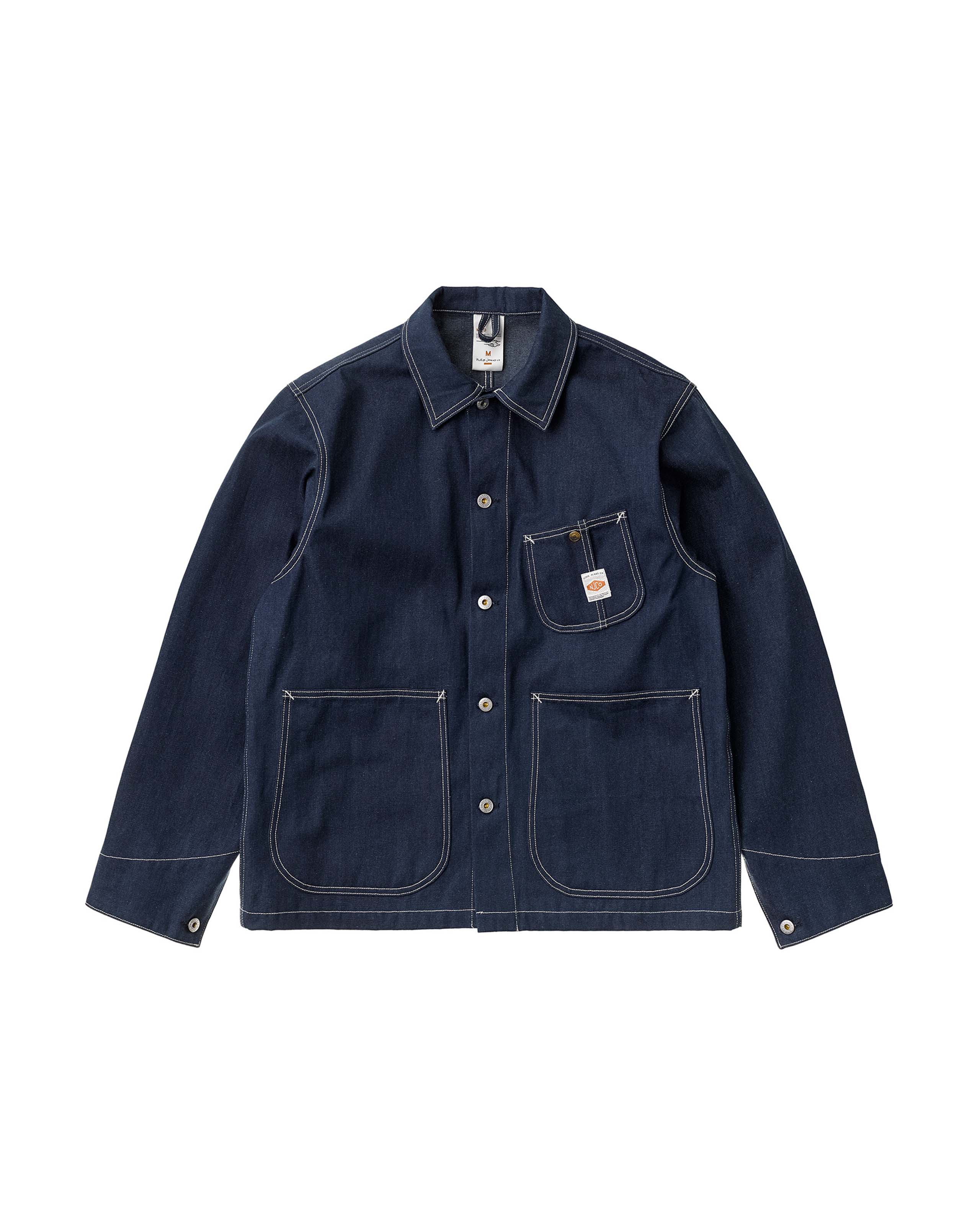 marché commun nudie jeans homme veste travail workwear howie chore à surpiqûres denim biologique et recyclé bleu