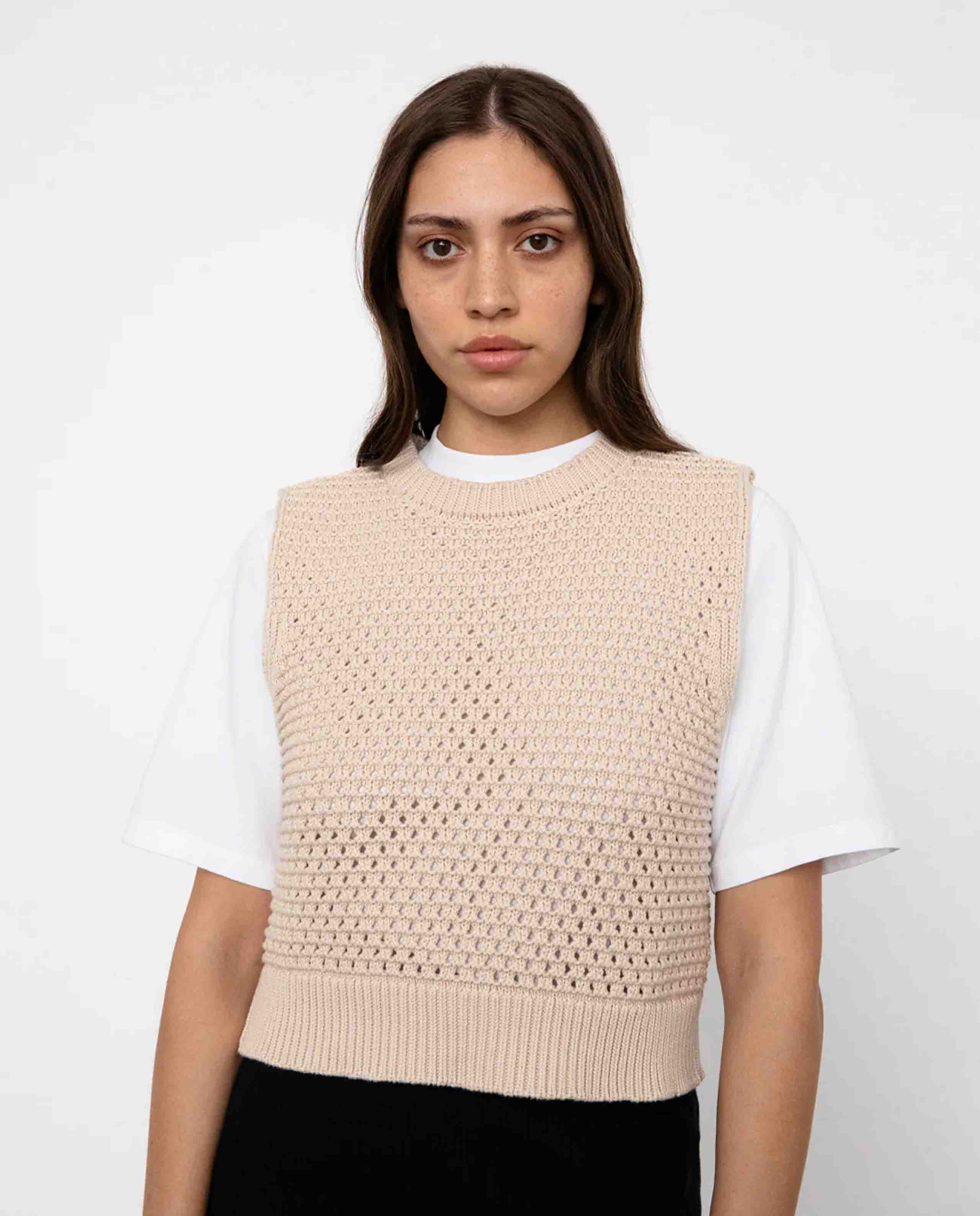 marché commun gilet ajouré en maille sans manches beige naturel rotholz