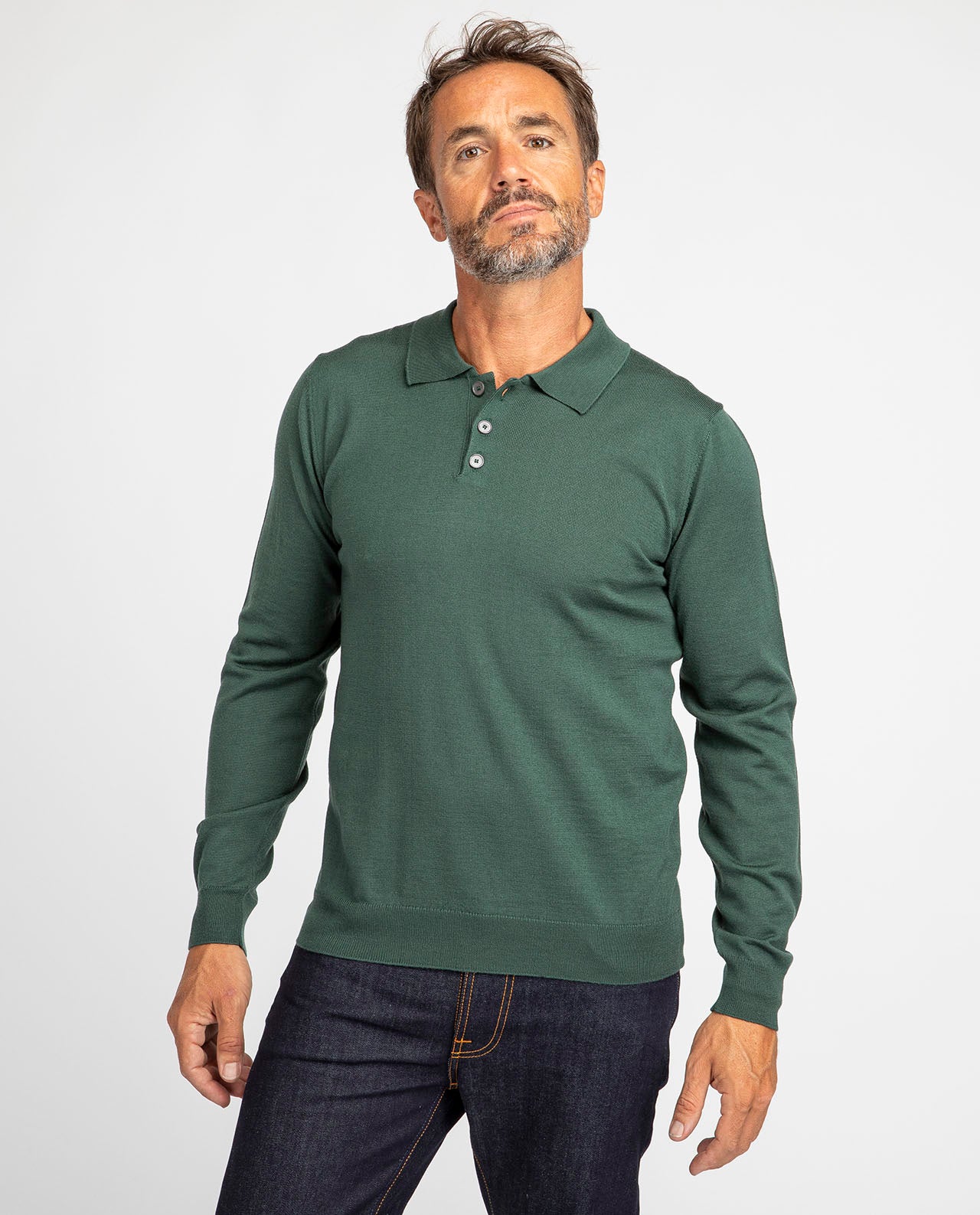 marché commun noyoco polo homme manches longues laine mérinos extra fine vert éco-responsable