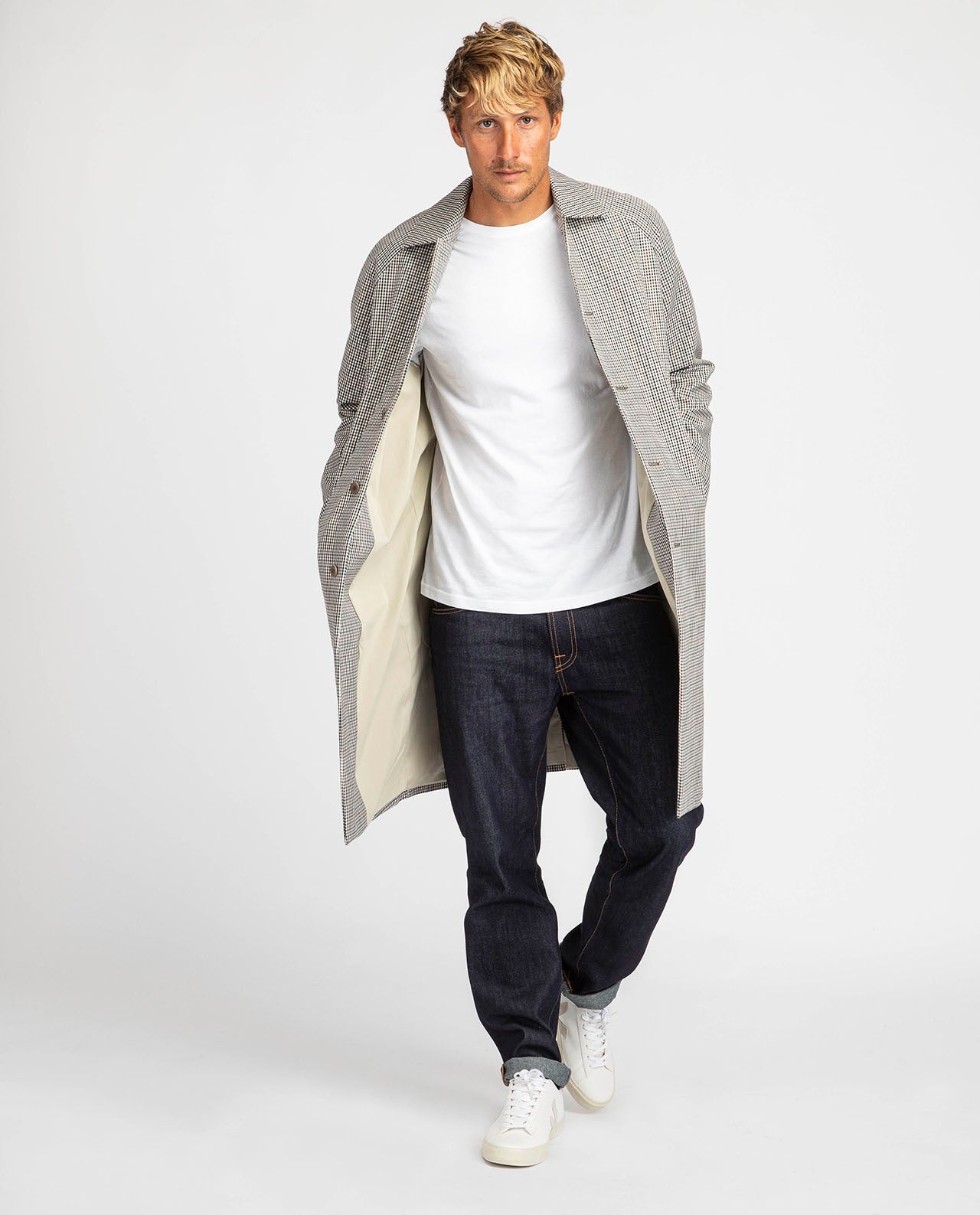 Manteau long à petits carreaux en coton bio