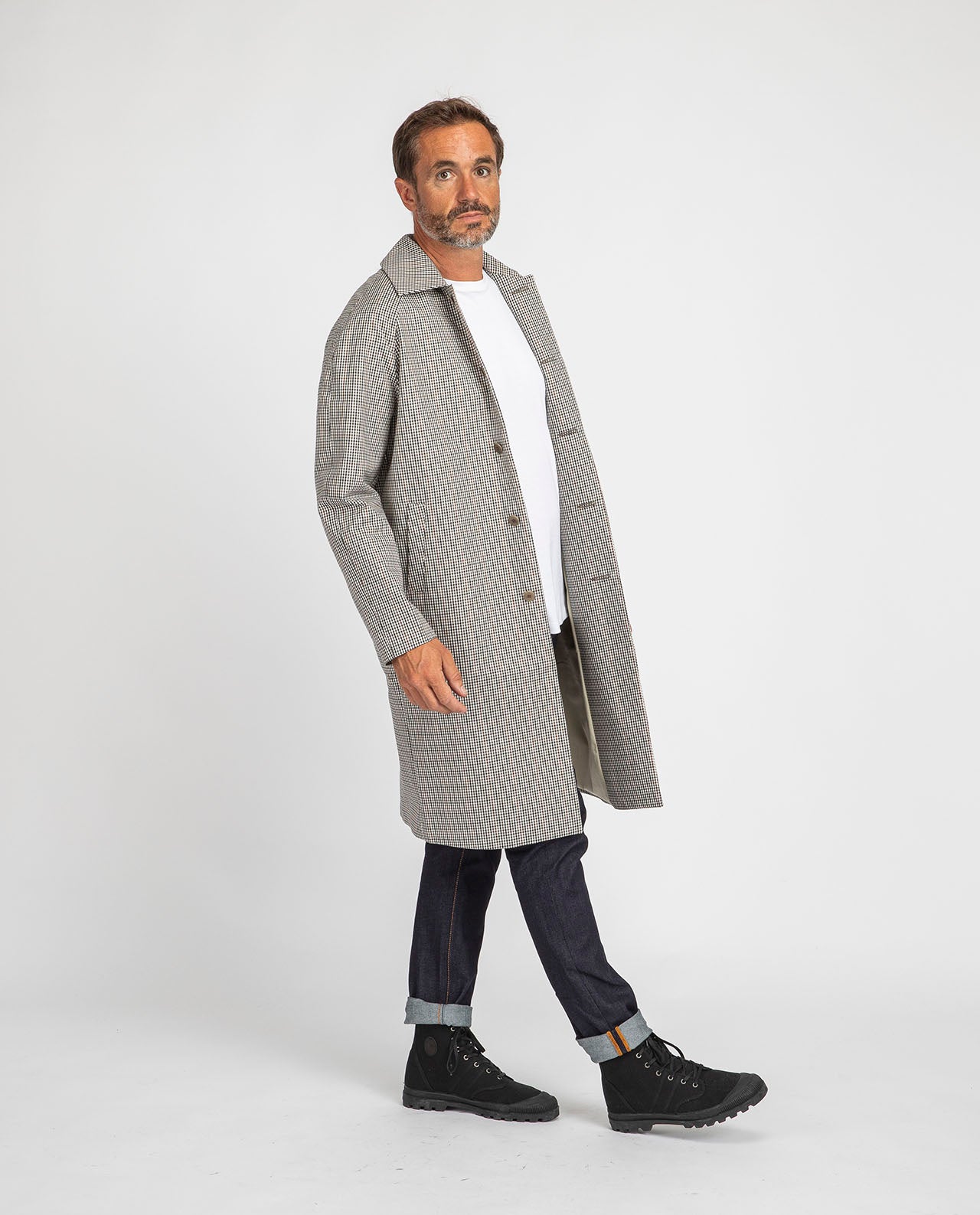 Manteau long à petits carreaux en coton bio
