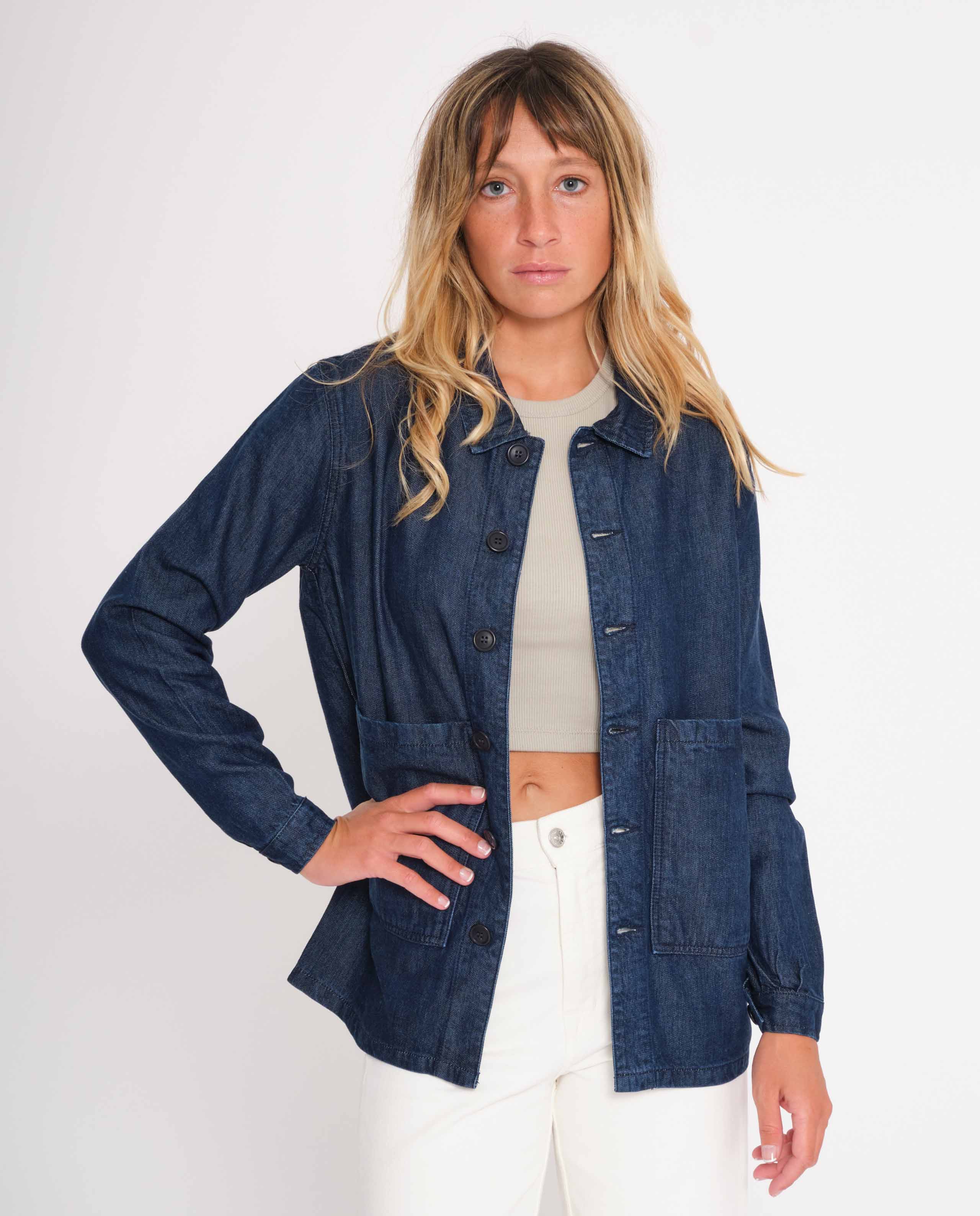 marché commun graine femme veste de travail tencel bleu jean éco-responsable