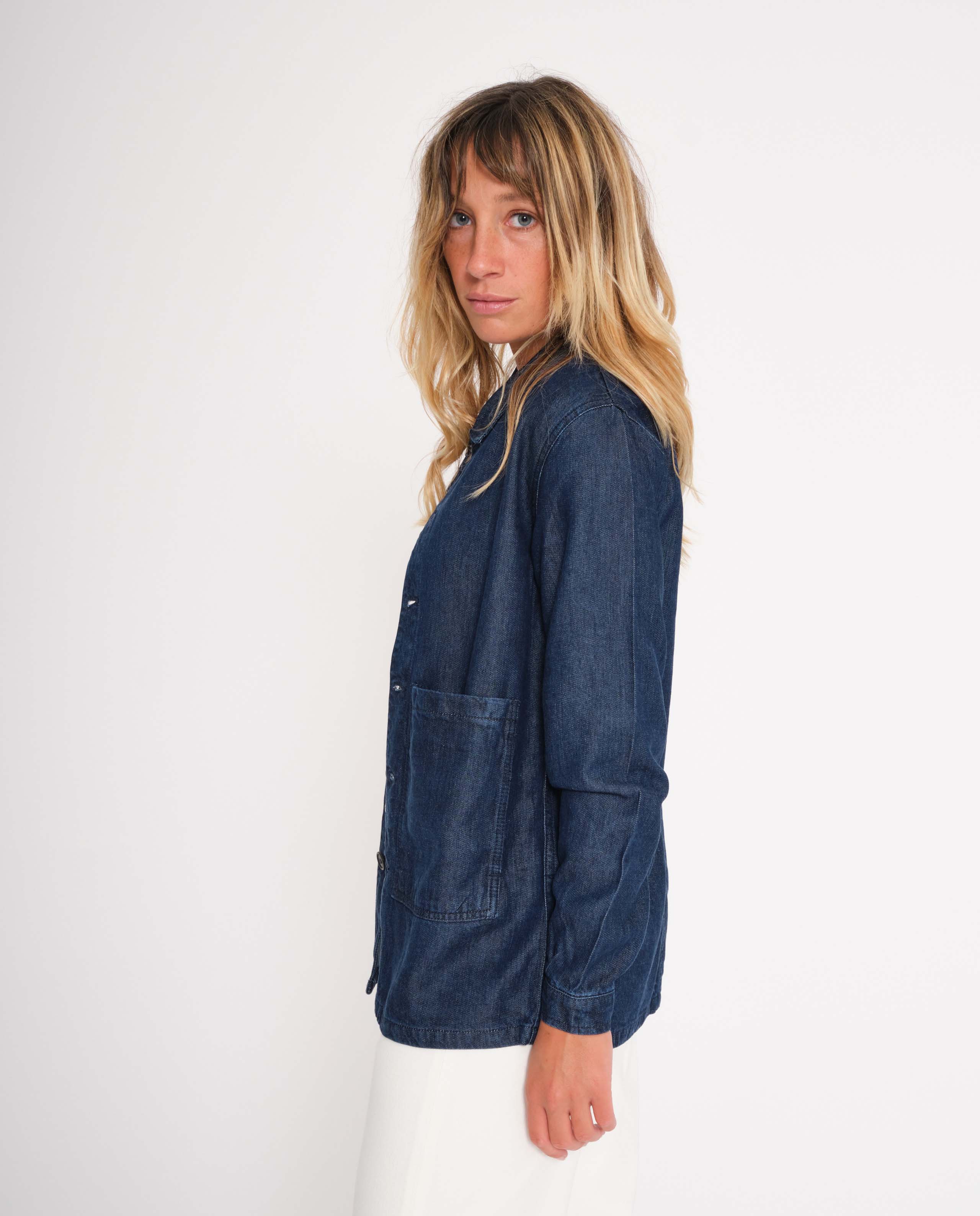 marché commun graine femme veste de travail tencel bleu jean éco-responsable