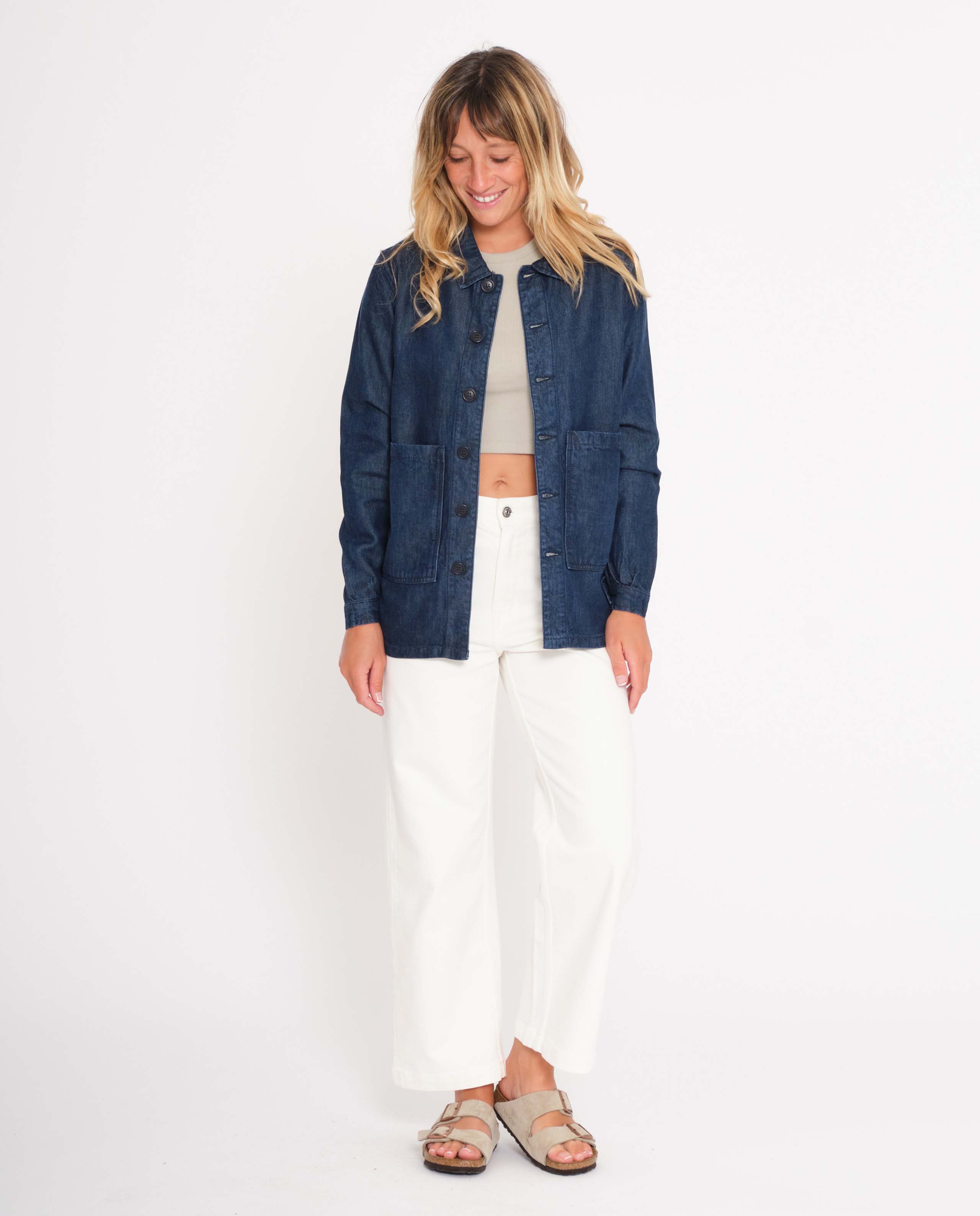 marché commun graine femme veste de travail tencel bleu jean éco-responsable