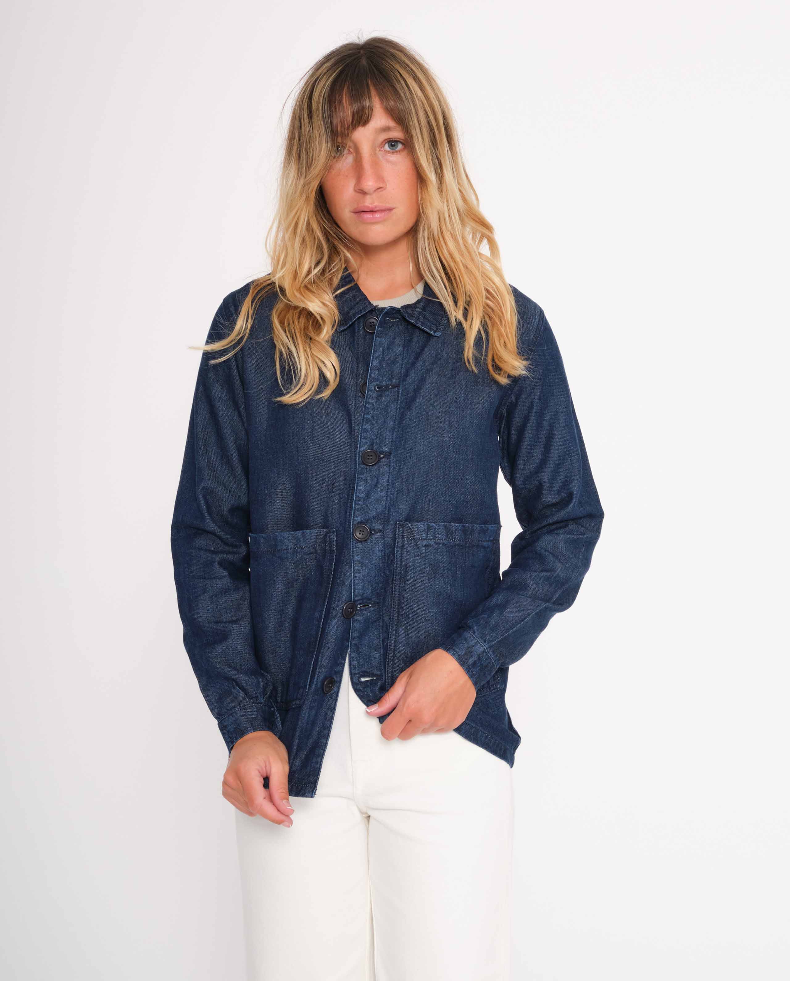 marché commun graine femme veste de travail tencel bleu jean éco-responsable