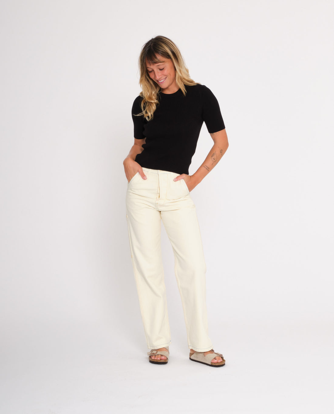 marché commun graine femme pantalon workwear travail coton biologique surpiqûres écru