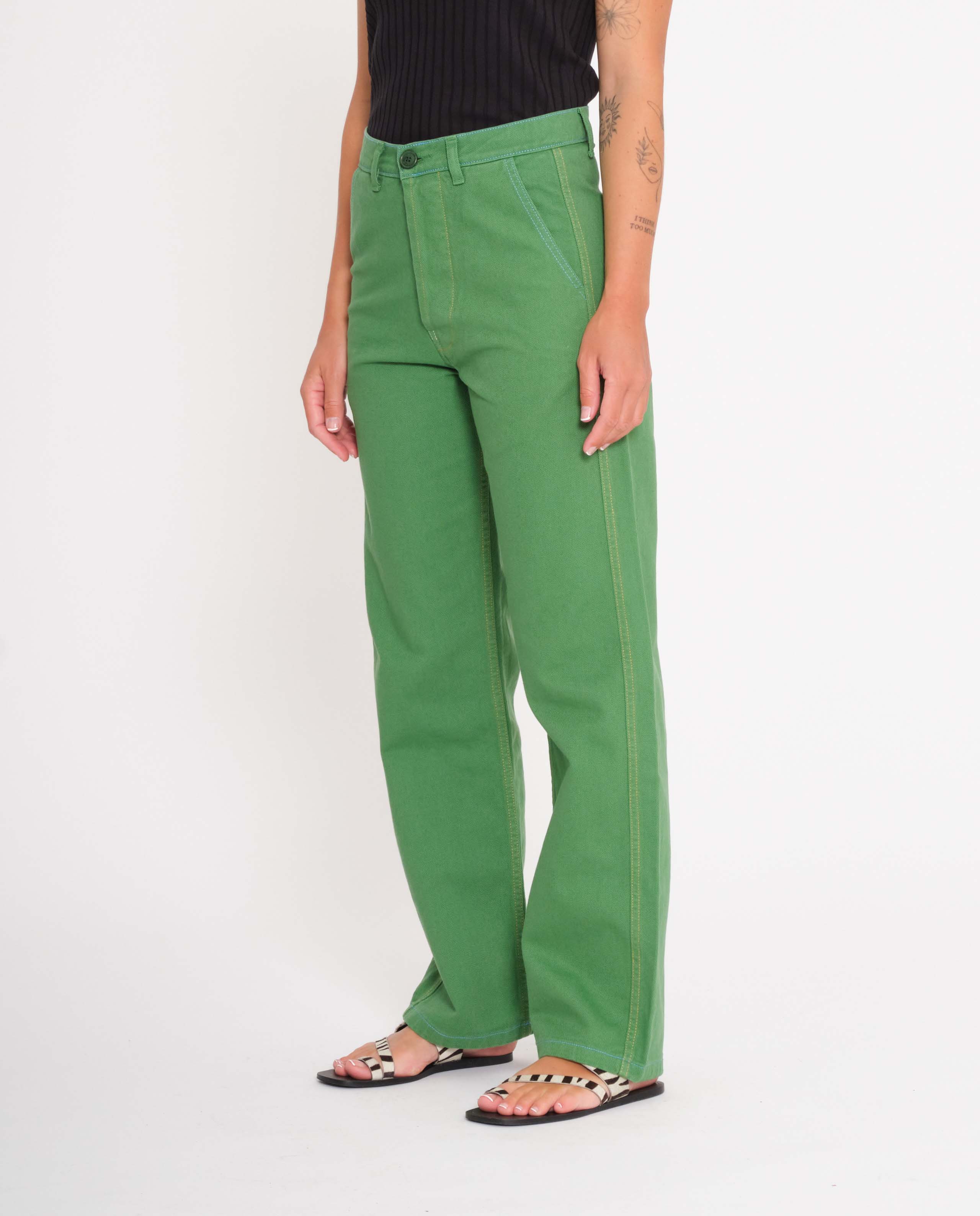marché commun graine femme pantalon workwear travail coton biologique surpiqûres vert gazon