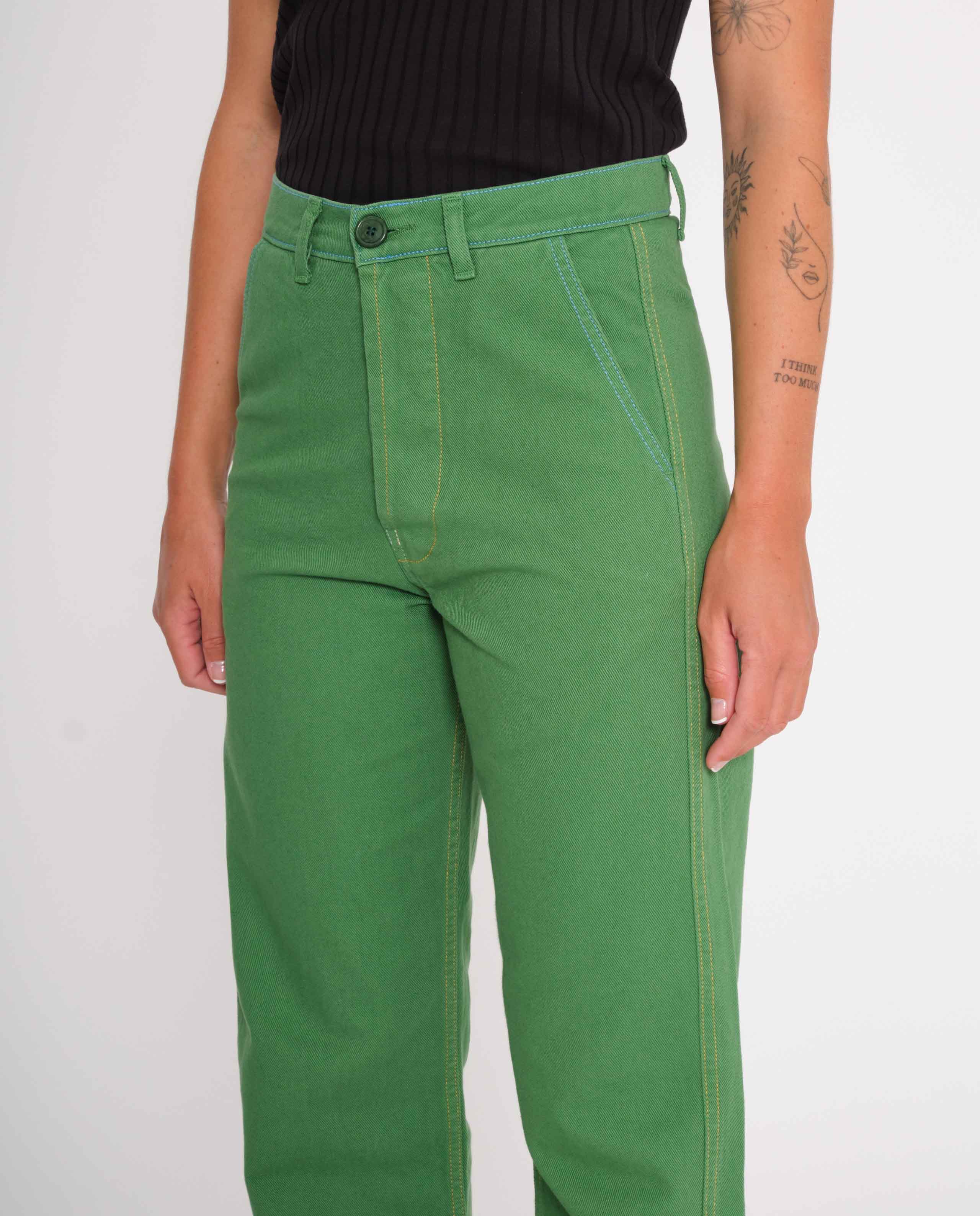 marché commun graine femme pantalon workwear travail coton biologique surpiqûres vert gazon
