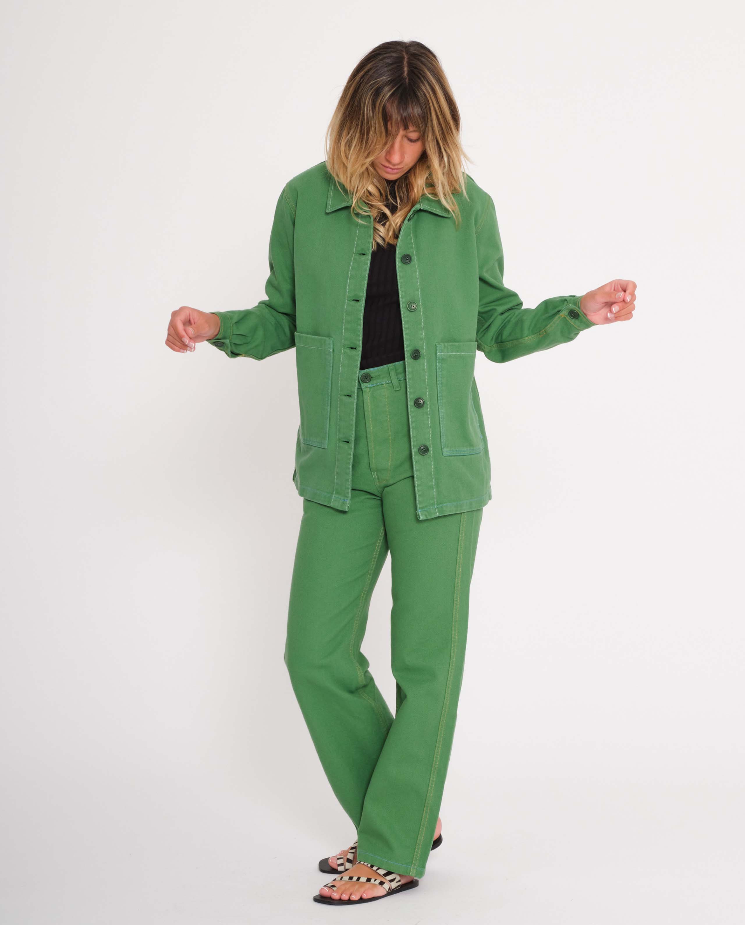 marché commun graine femme pantalon workwear travail coton biologique surpiqûres vert gazon