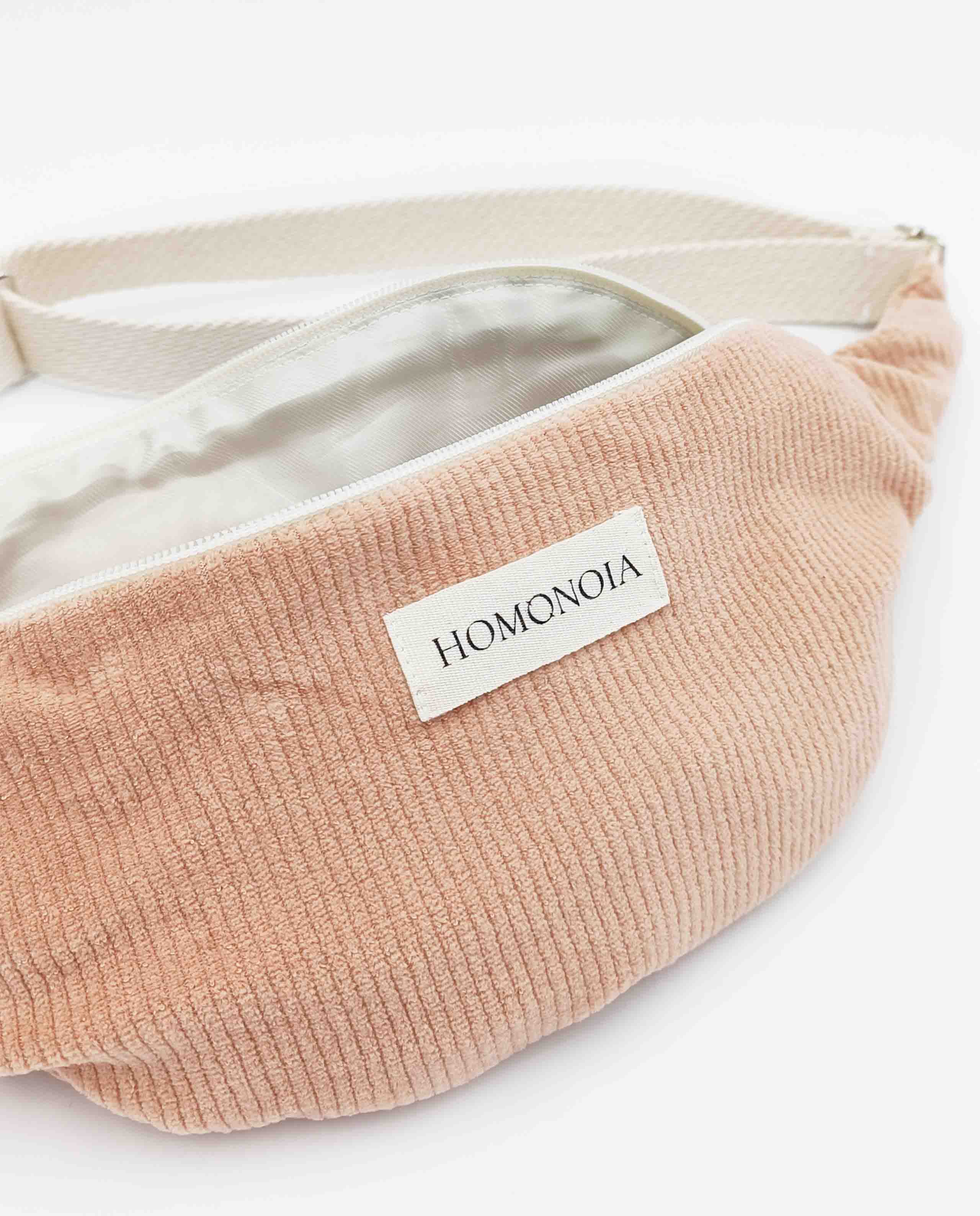 marché commun homonoia sac banane velours côtelé upcyclé rose poudré made in france