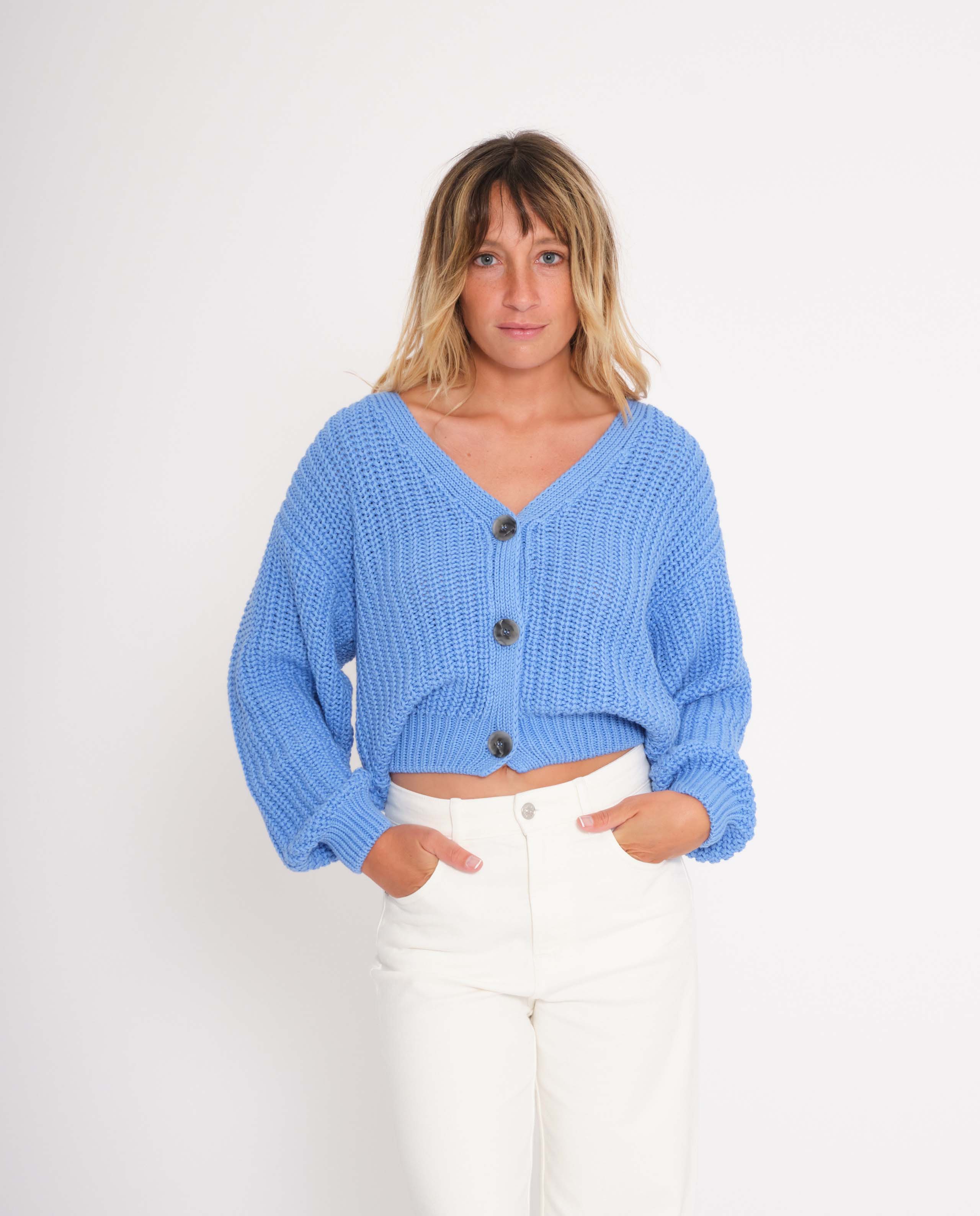 marché commun jan n june femme gilet maille coton biologique bleu azur