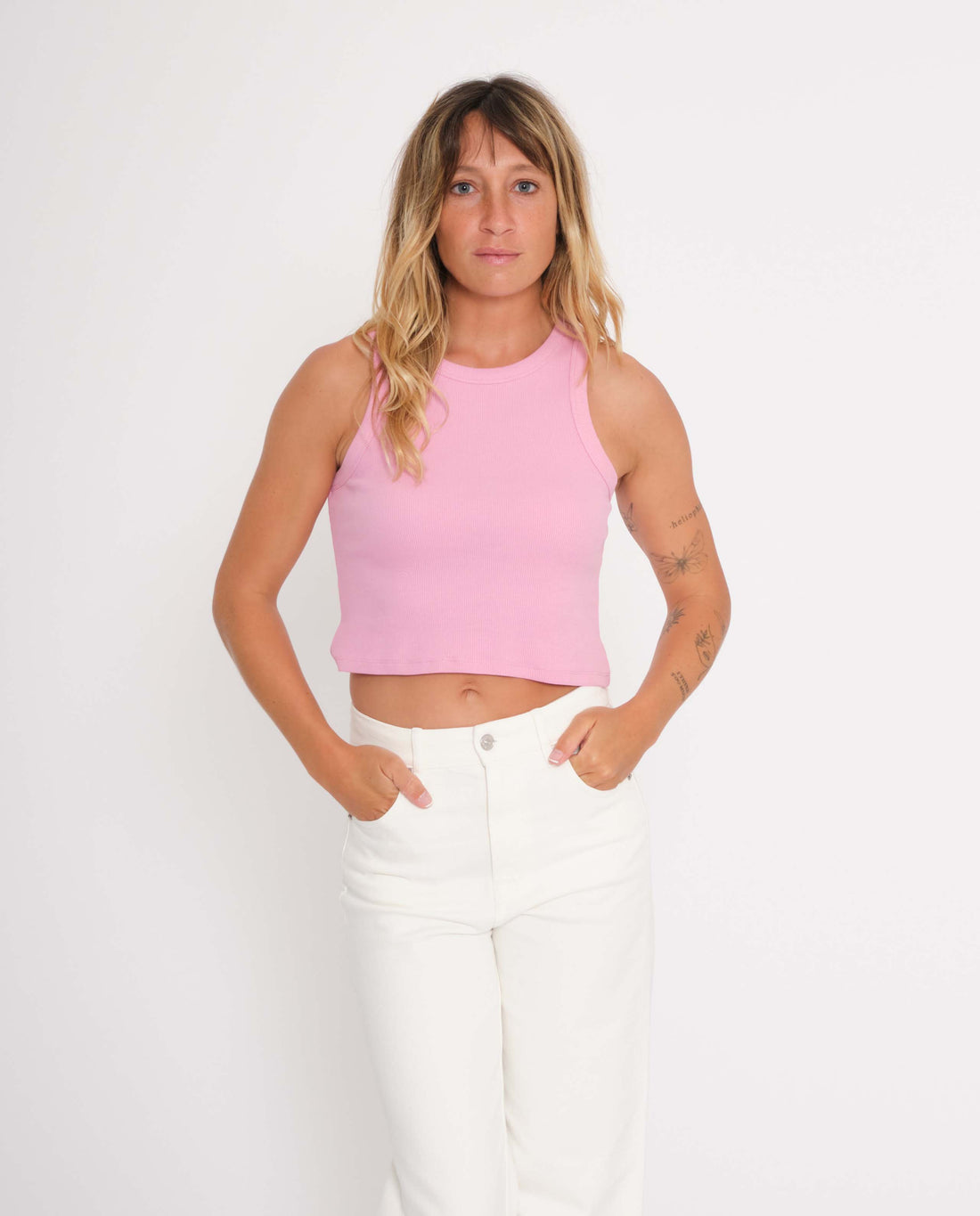 marché commun jan n june femme tank top court côtelé coton biologique rose