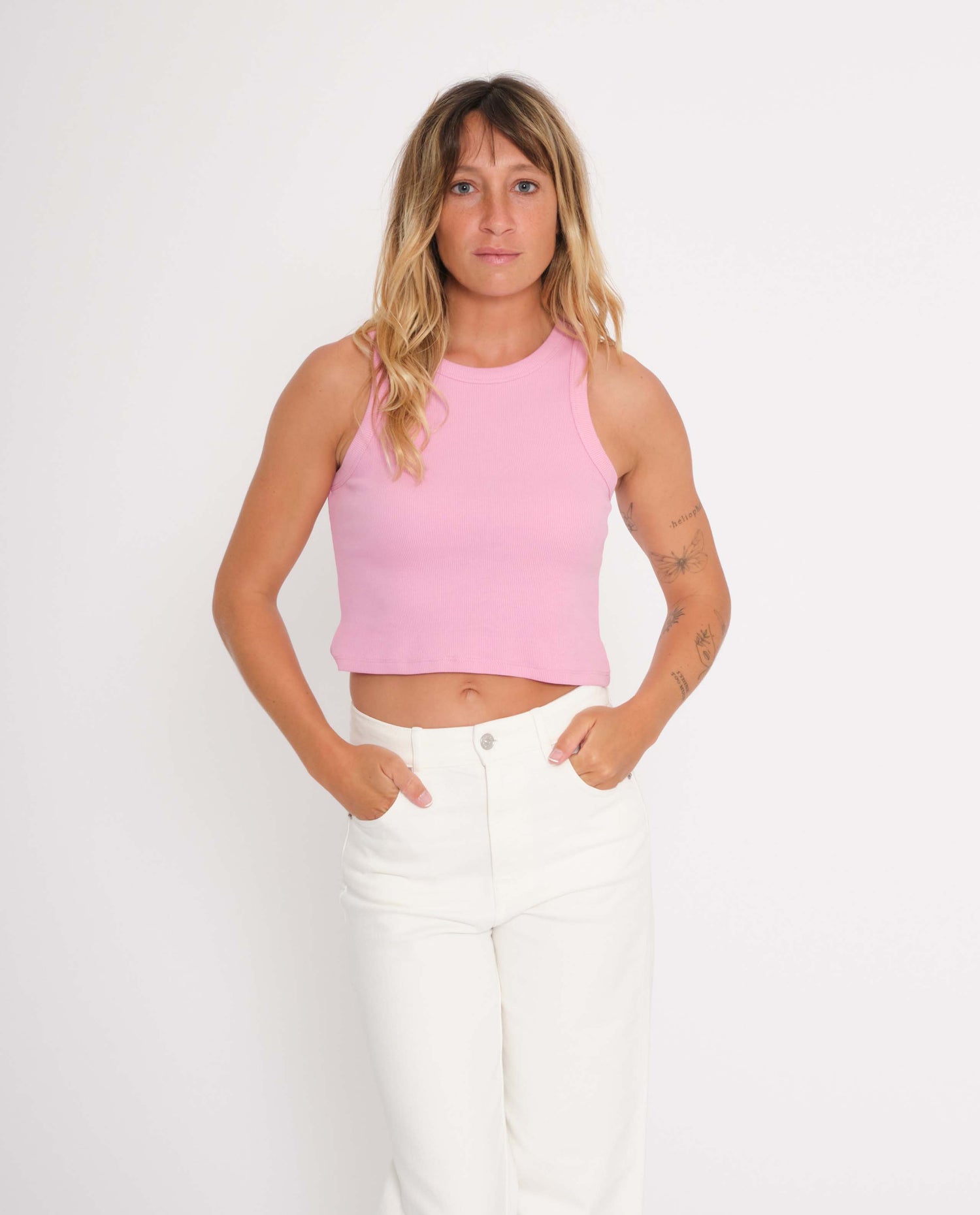 marché commun jan n june femme tank top court côtelé coton biologique rose