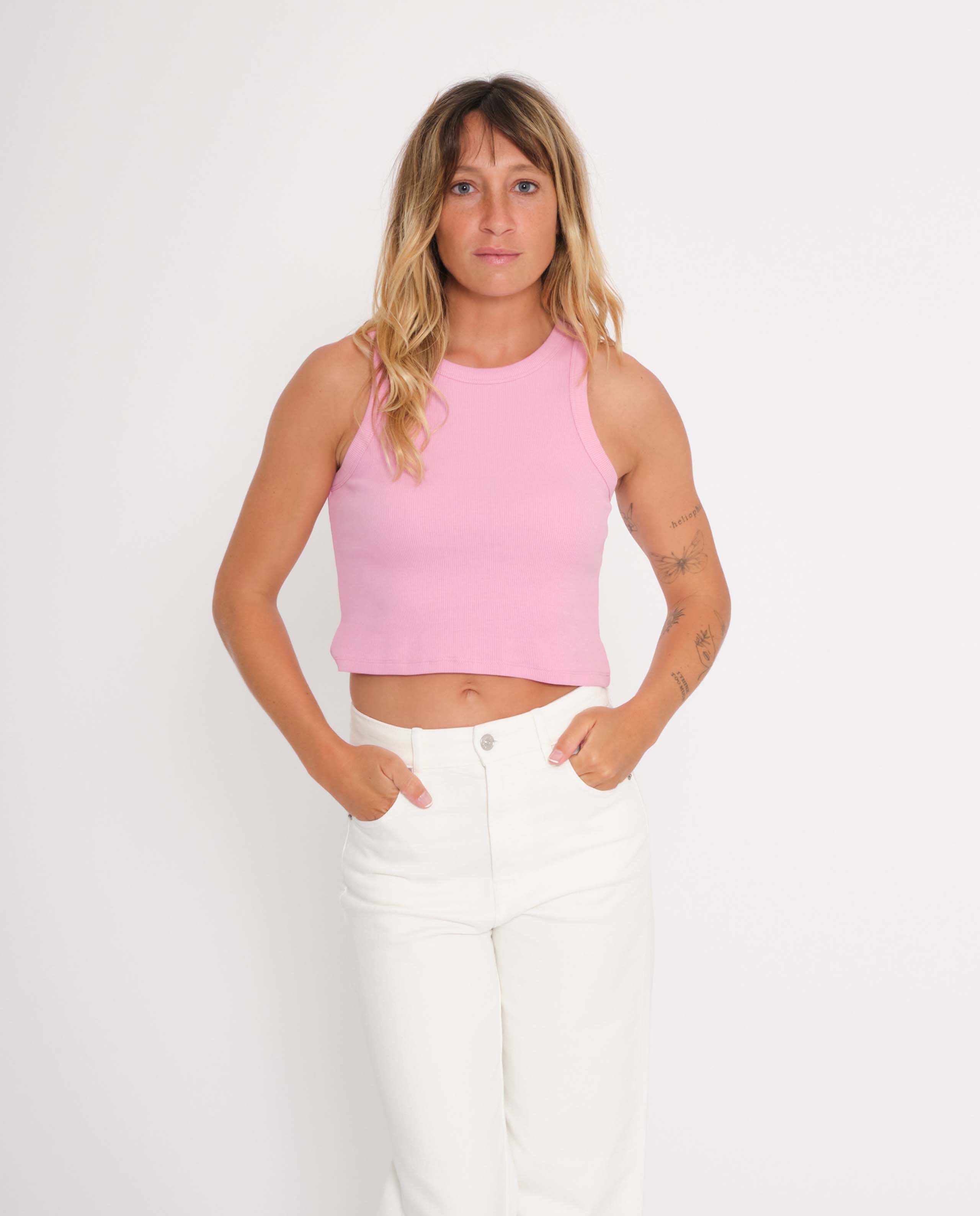 marché commun jan n june femme tank top court côtelé coton biologique rose