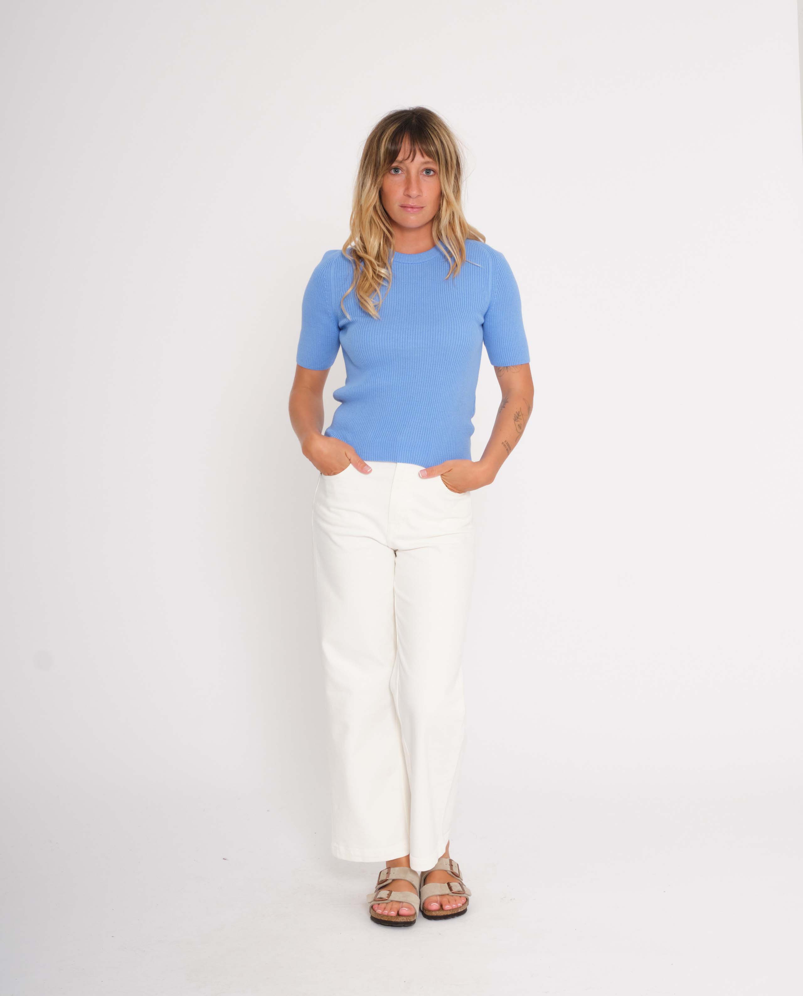 marché commun jan n june femme top maille côtelée biologique bleu ciel