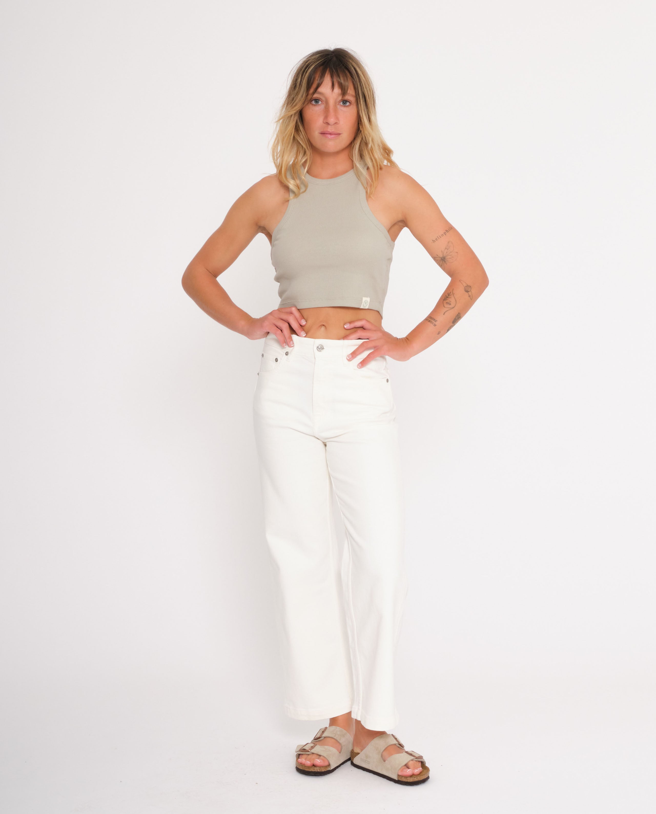 marché commun loreak mendian femme pantalon blanc denim coton biologique évasé