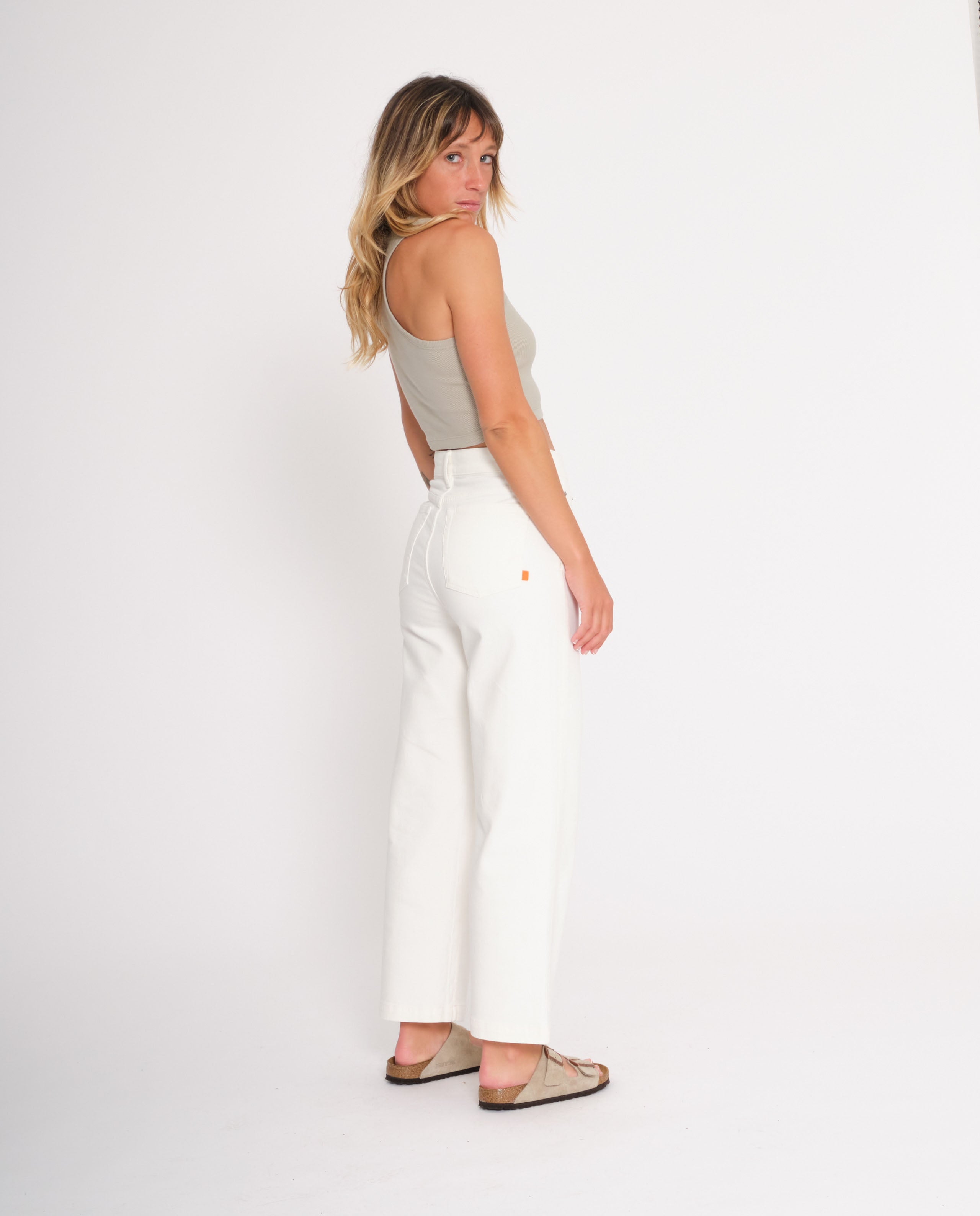 marché commun loreak mendian femme pantalon blanc denim coton biologique évasé