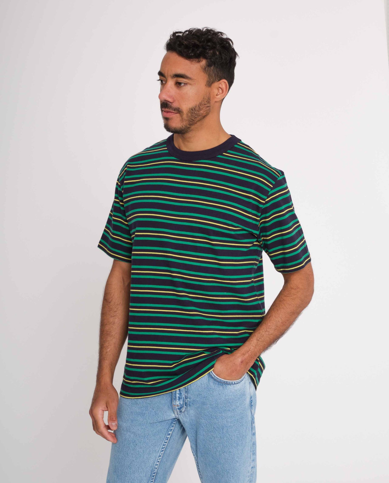 marché commun loreak mendian homme t-shirt coton manches courtes rayures bleu jaune vert