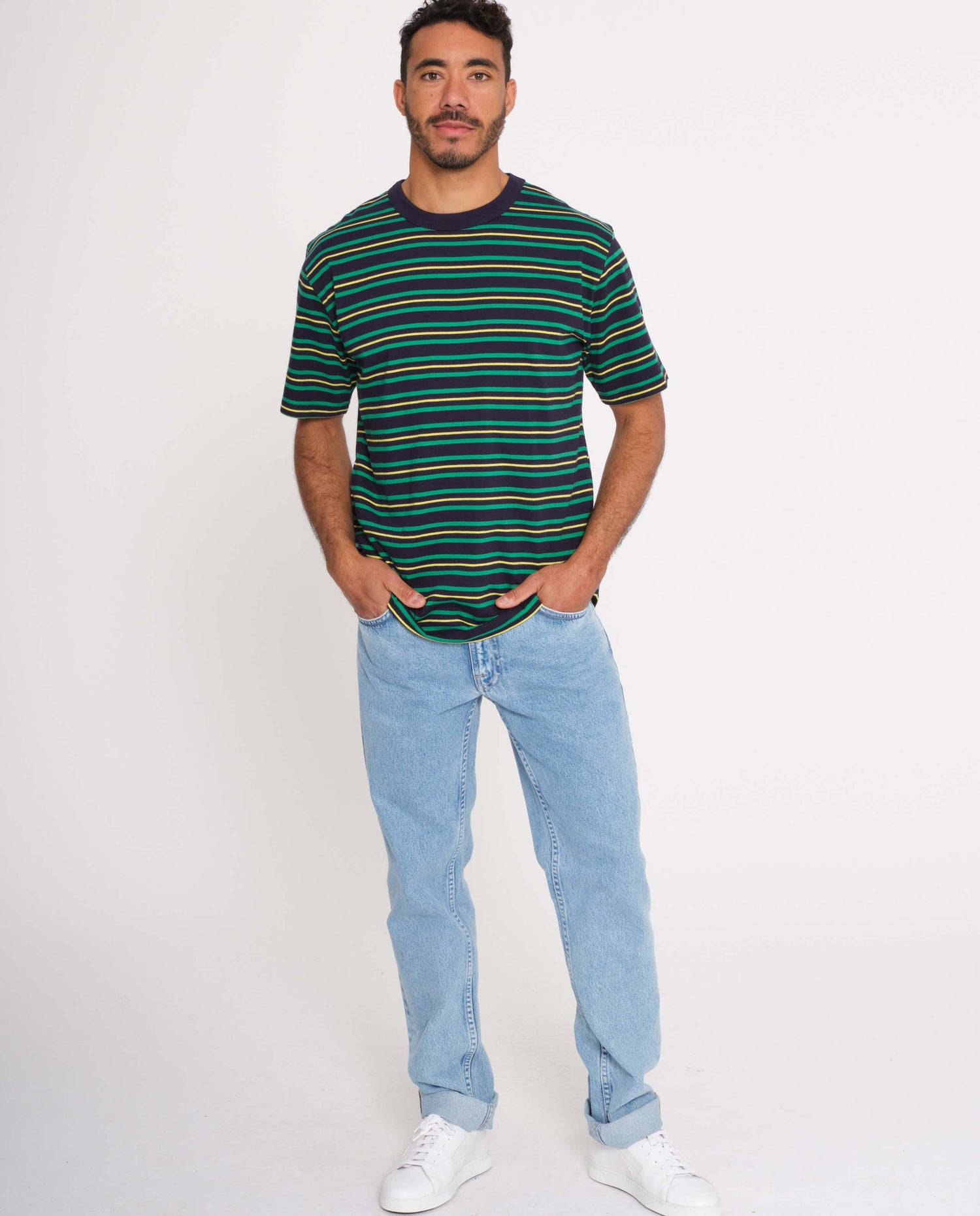 marché commun loreak mendian homme t-shirt coton manches courtes rayures bleu jaune vert