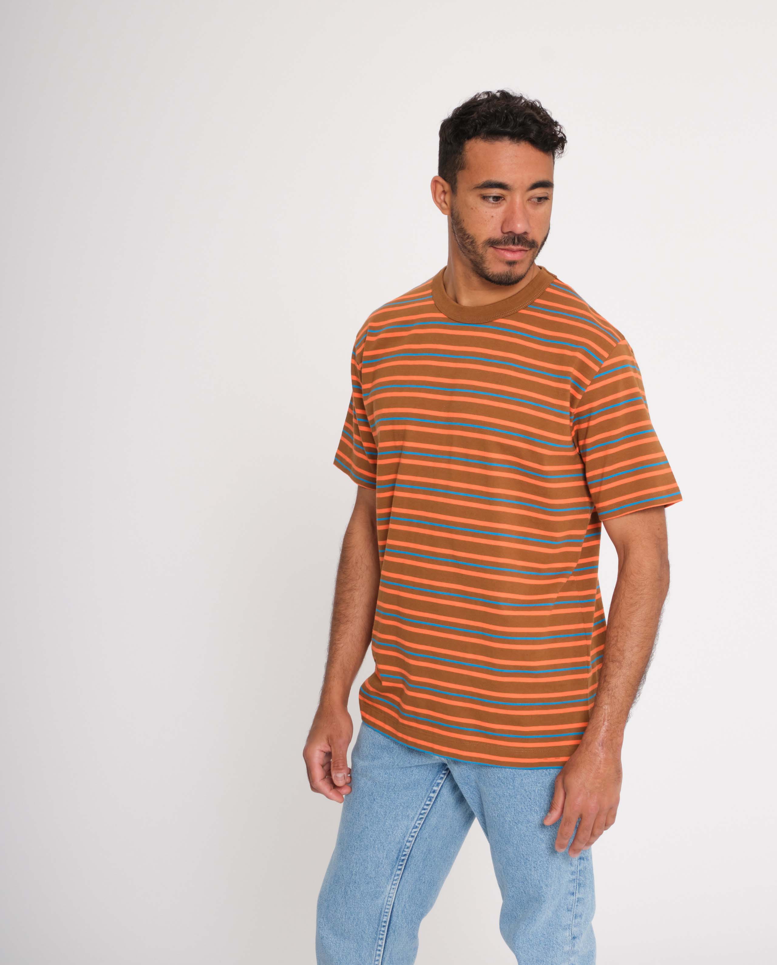 marché commun loreak mendian homme t-shirt coton manches courtes rayures orange bleu