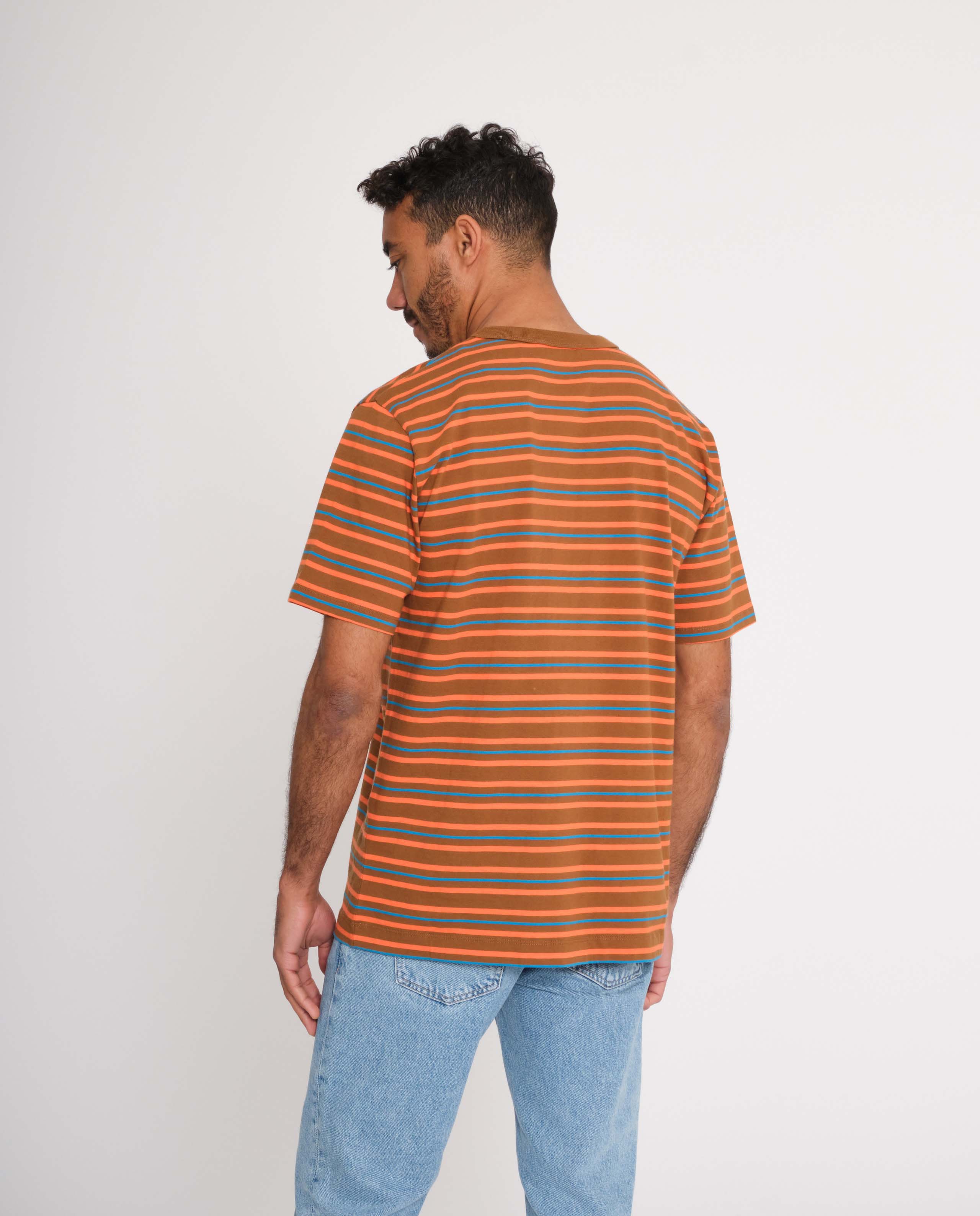 marché commun loreak mendian homme t-shirt coton manches courtes rayures orange bleu