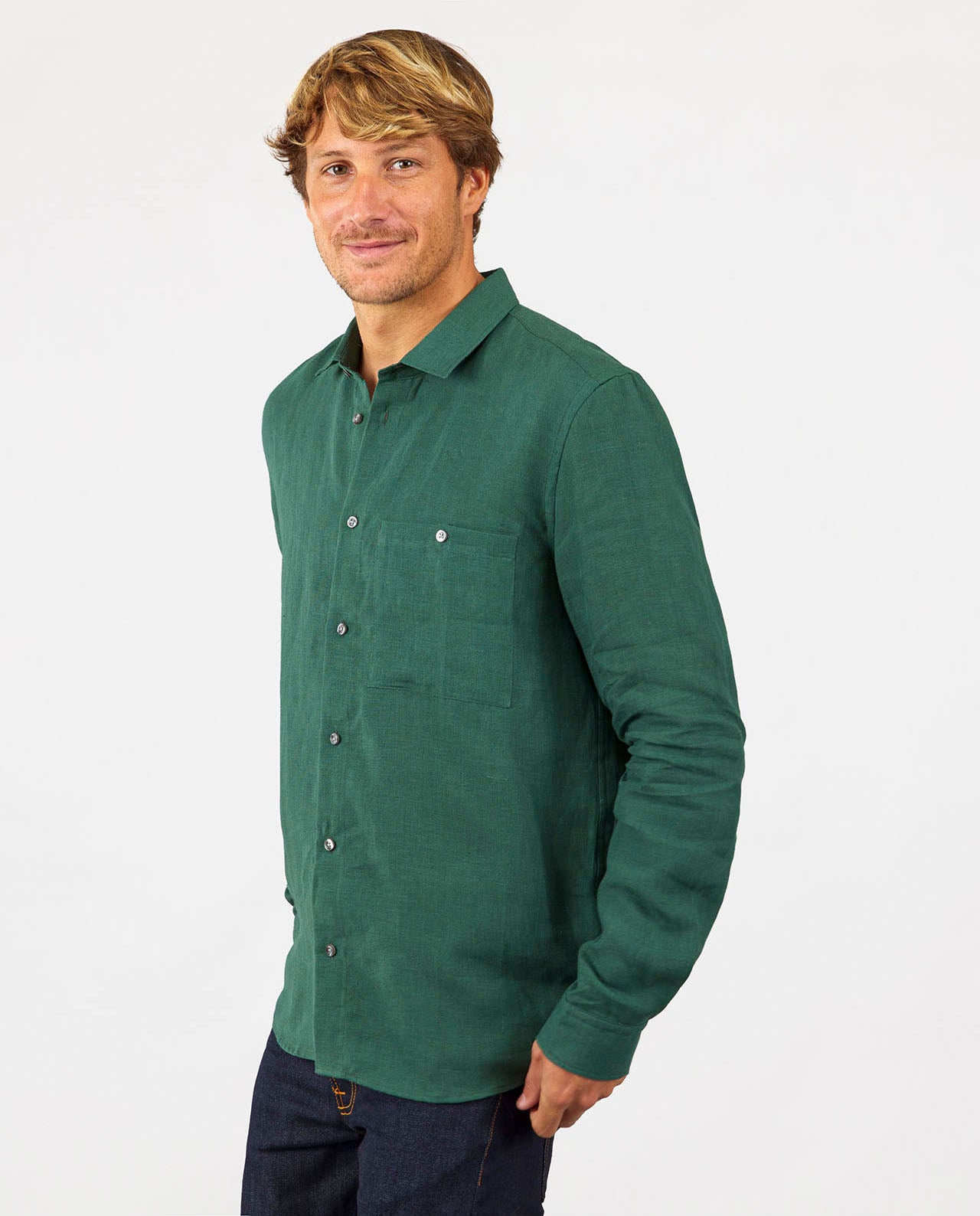 marché commun noyoco chemise droite homme lin vert jade éco-responsable fabriquée en Europe