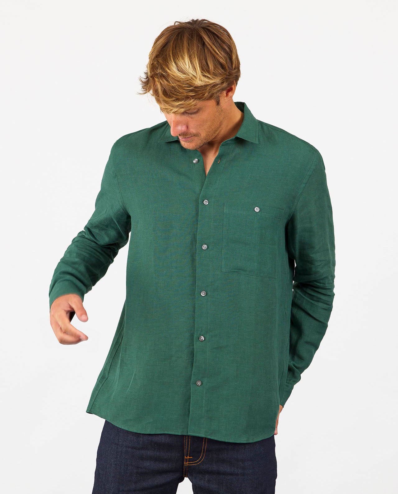 marché commun noyoco chemise droite homme lin vert jade éco-responsable fabriquée en Europe