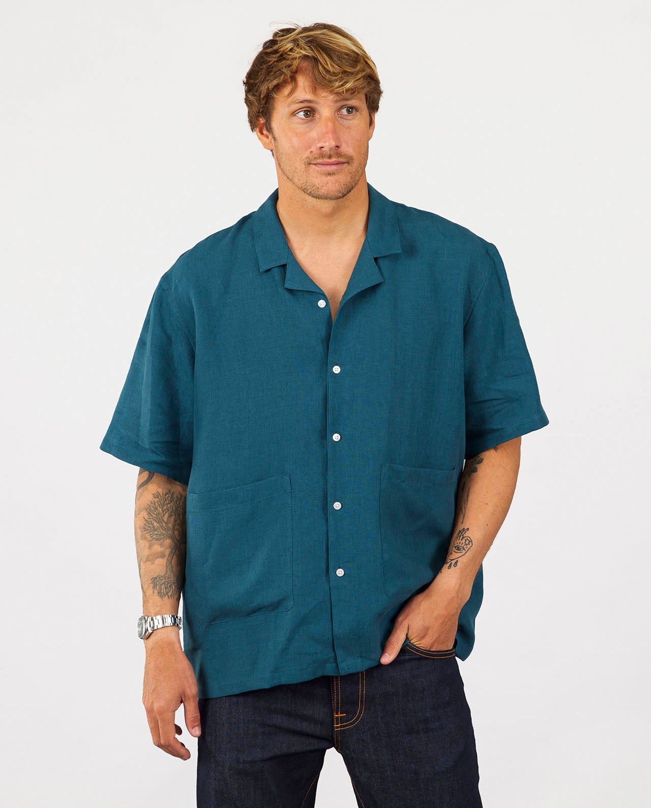 marché commun noyoco chemise homme manches courtes lin bleu pétrole